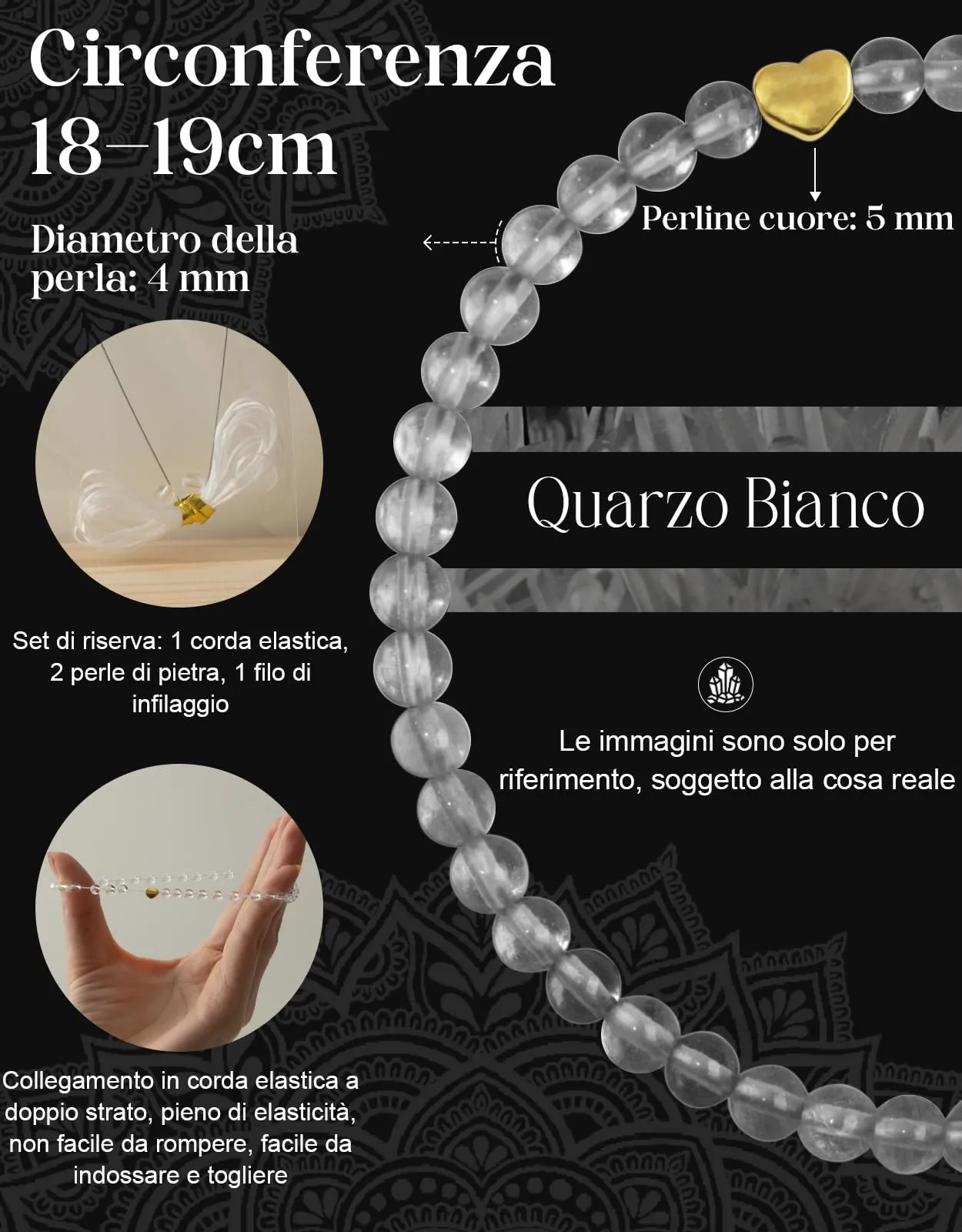 Landorilo Bracciale Donna, Pietra Naturale 4mm, Quarzo Bianco O - immagine 4