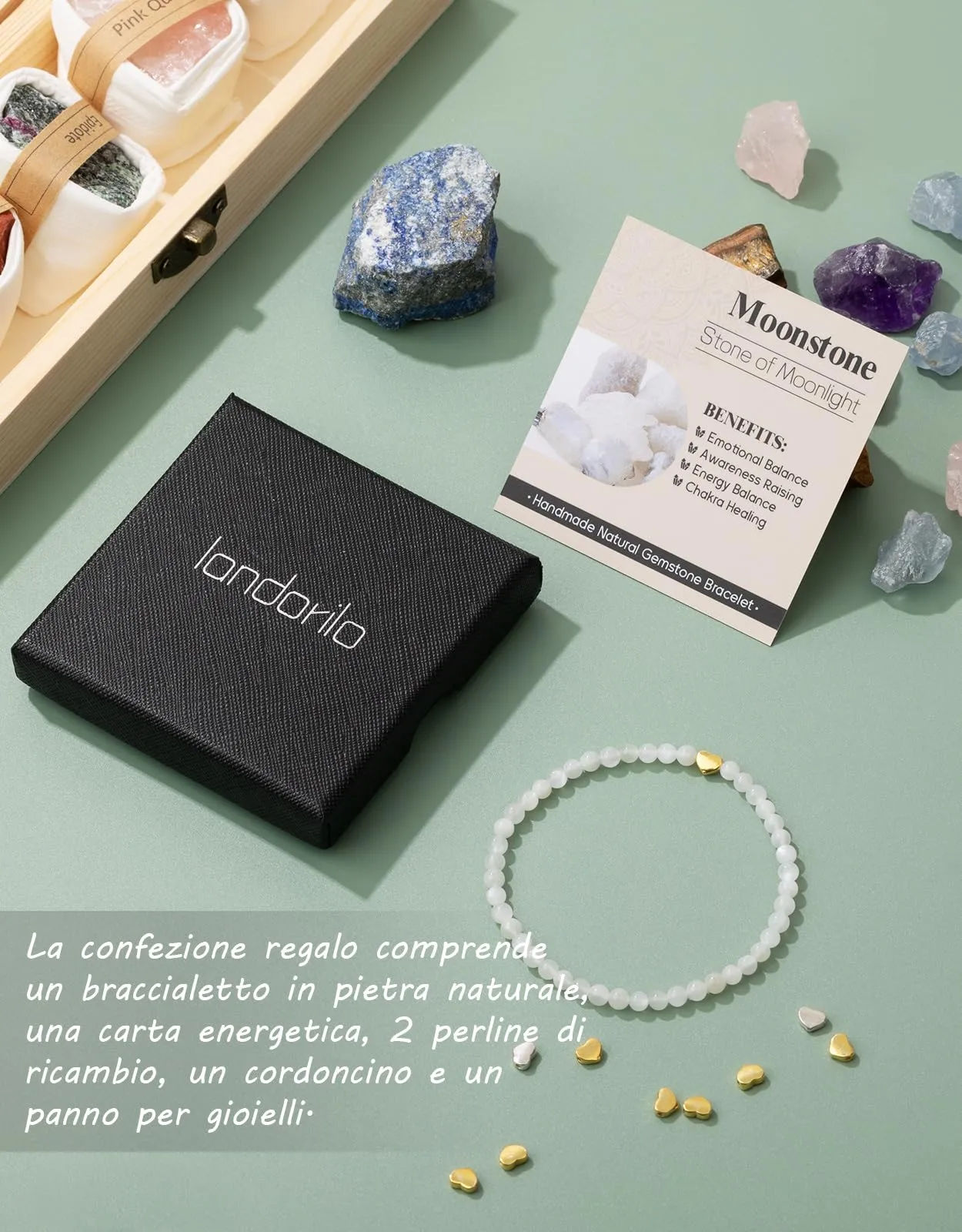 Landorilo Bracciale Donna, Pietra Naturale 4mm, Pietra Di Luna O - immagine 6