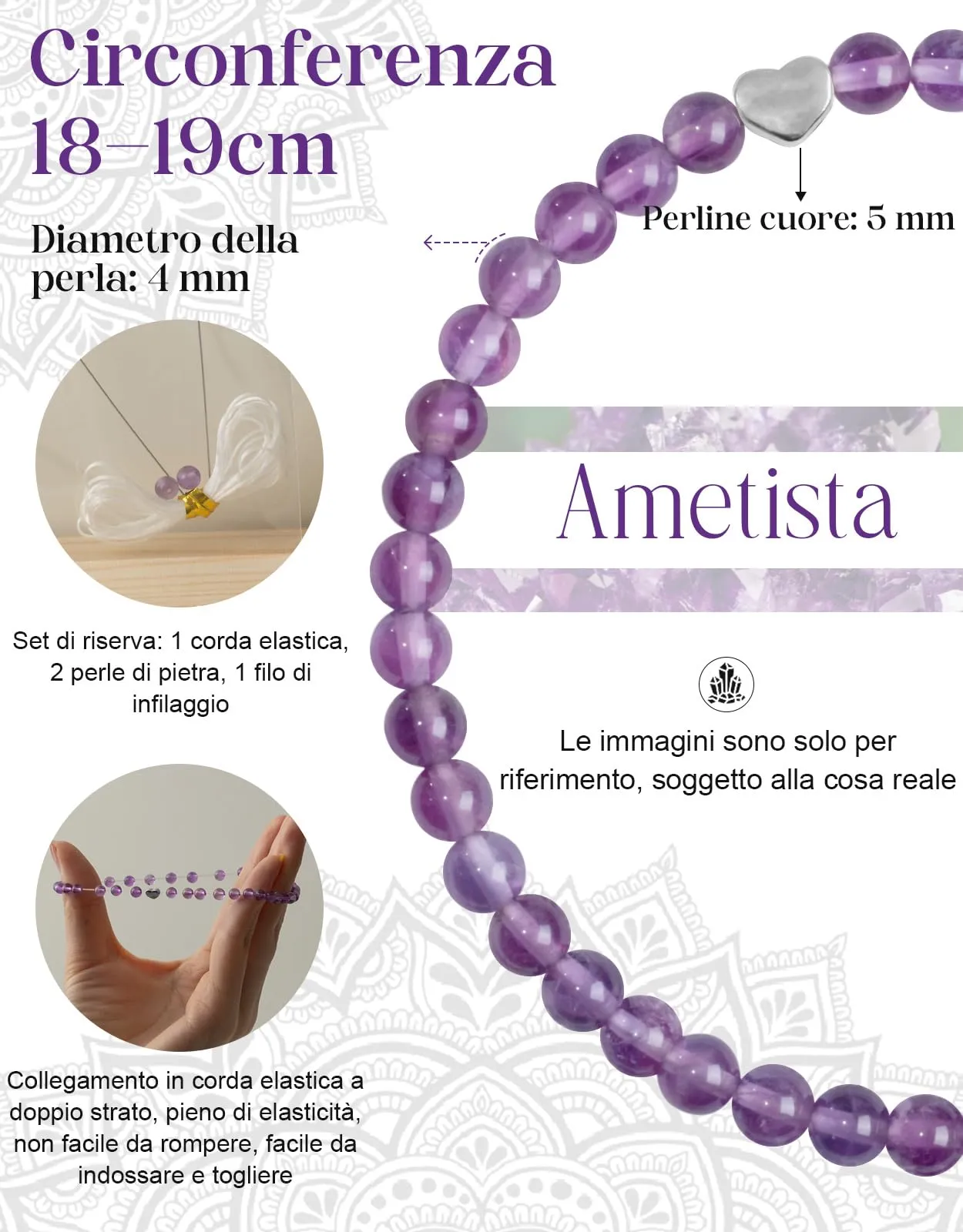 Landorilo Bracciale Donna, Pietra Naturale 4mm, Ametista A - immagine 4