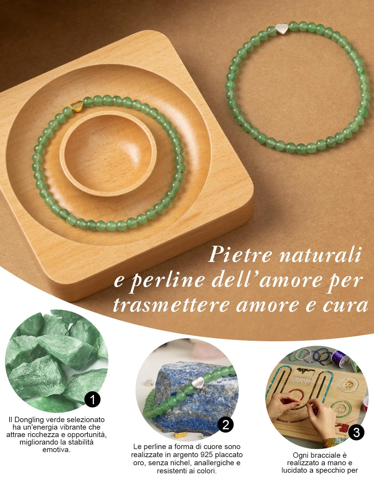 Landorilo Bracciale Donna, Pietra Naturale 4mm, Avventurina Verde A - immagine 3