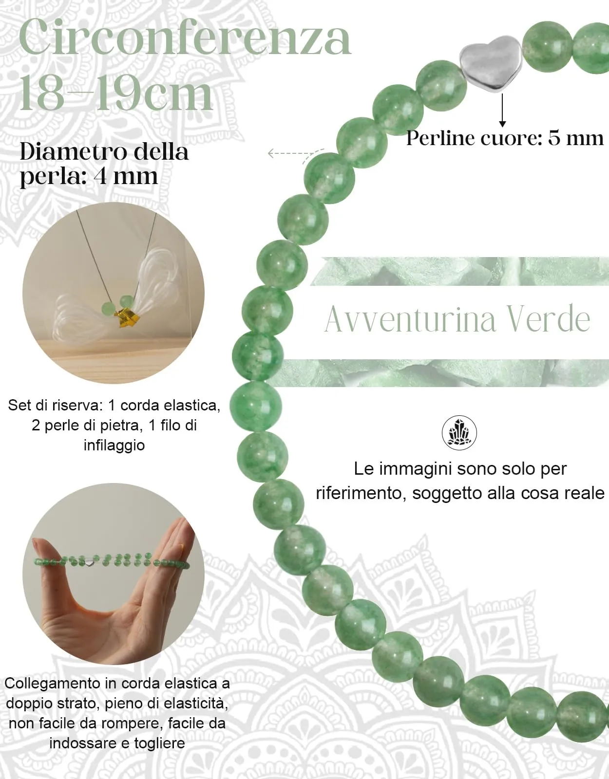 Landorilo Bracciale Donna, Pietra Naturale 4mm, Avventurina Verde A - immagine 4