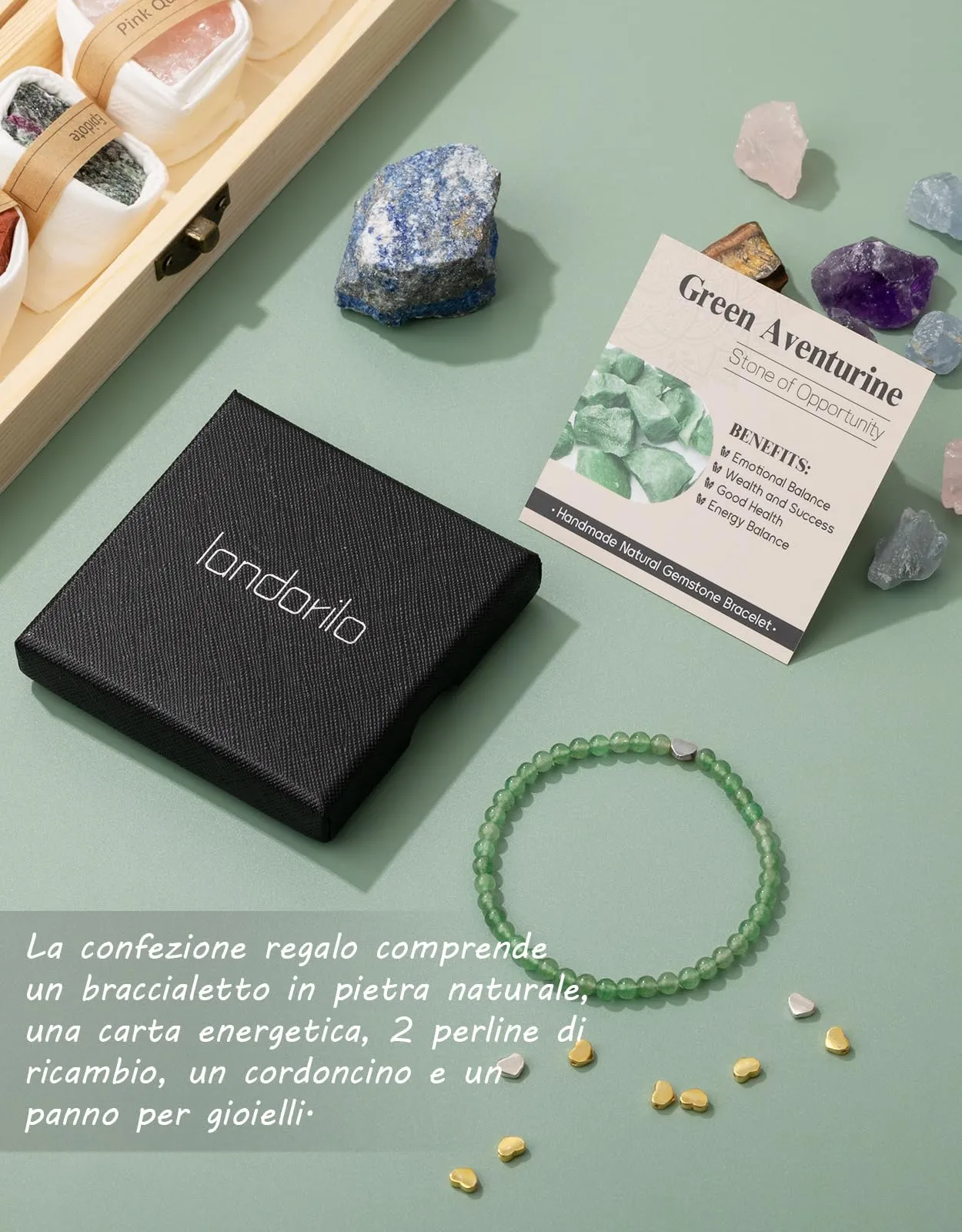 Landorilo Bracciale Donna, Pietra Naturale 4mm, Avventurina Verde A - immagine 6