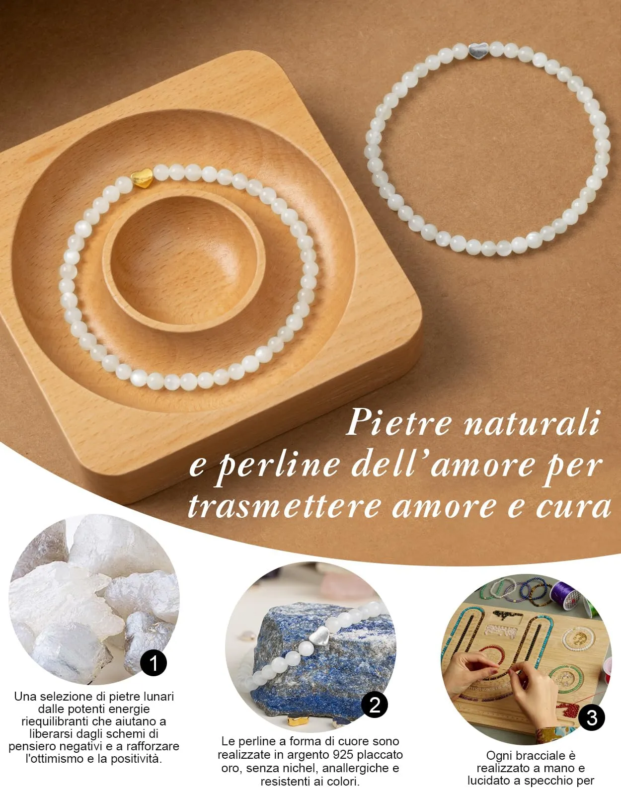 Landorilo Bracciale Donna, Pietra Naturale 4mm, Pietra Di Luna A - immagine 3