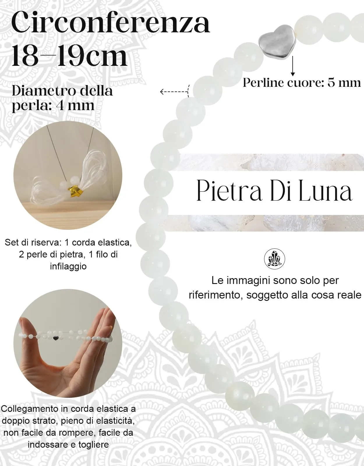 Landorilo Bracciale Donna, Pietra Naturale 4mm, Pietra Di Luna A - immagine 4