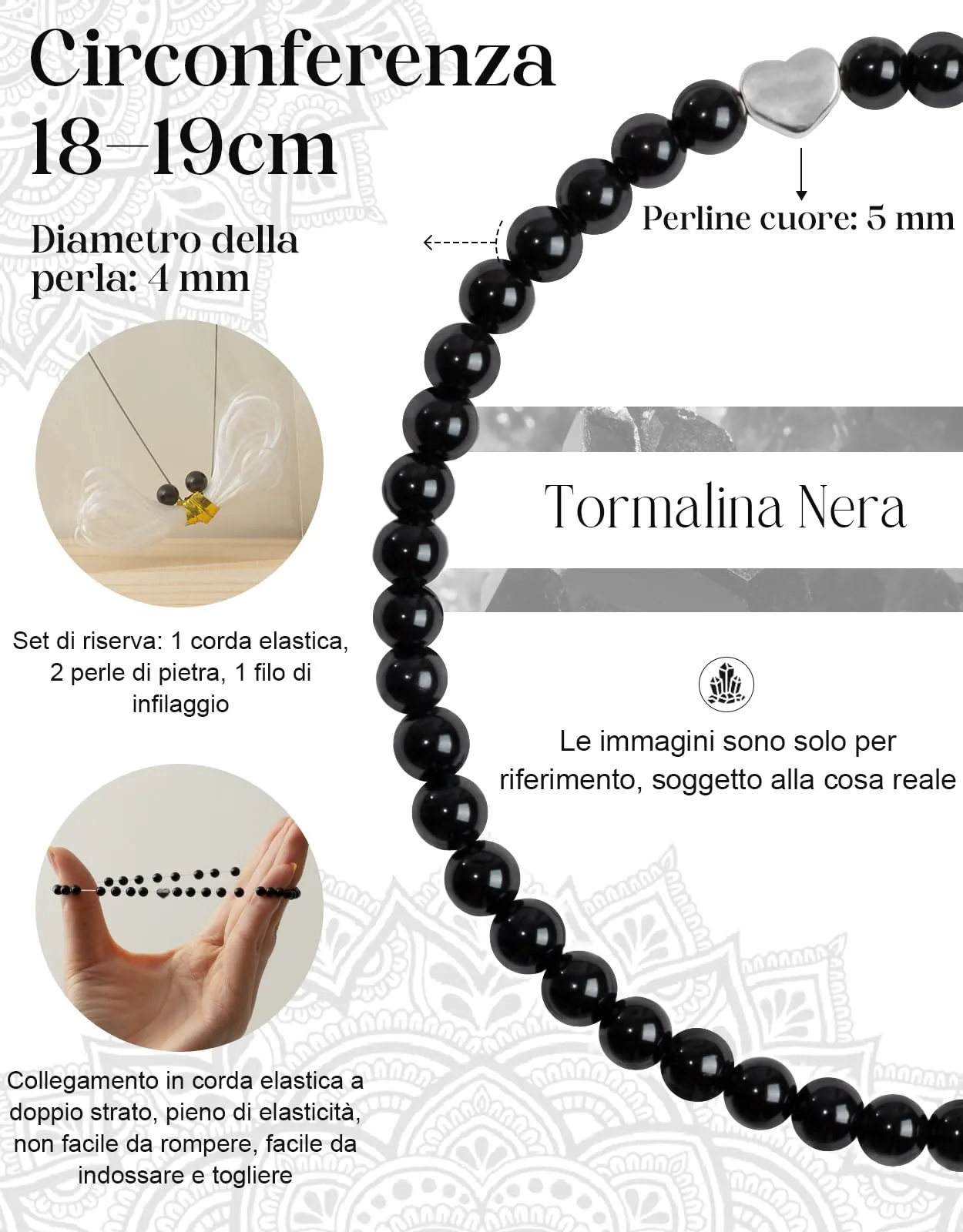 Landorilo Bracciale Donna, Pietra Naturale 4mm, Tormalina Nera A - immagine 4