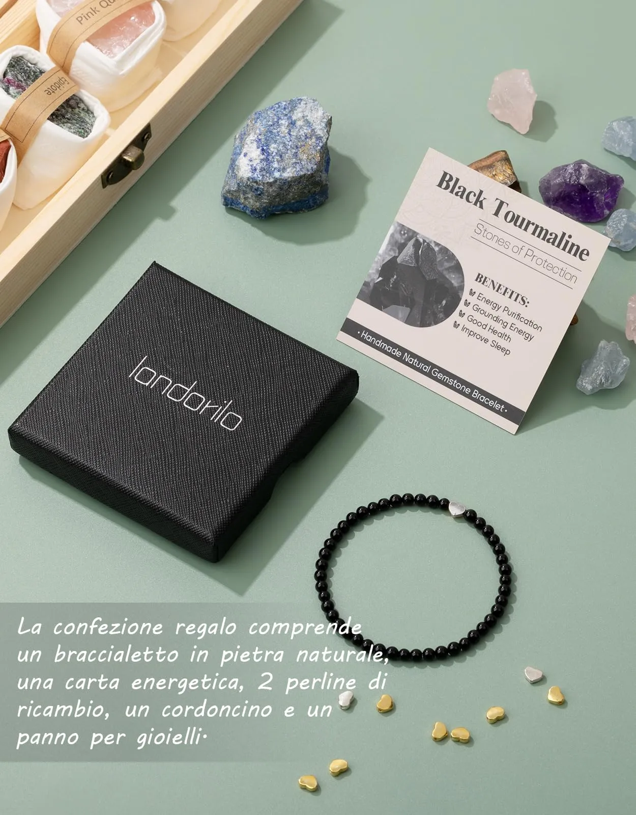 Landorilo Bracciale Donna, Pietra Naturale 4mm, Tormalina Nera A - immagine 6