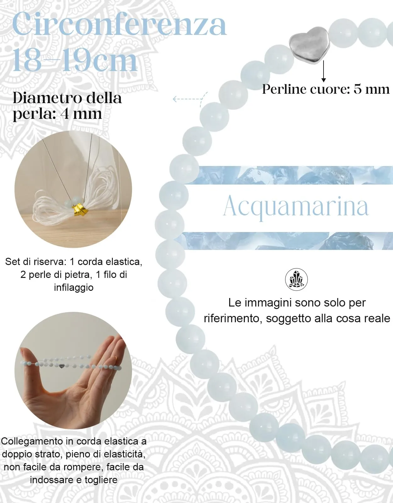Landorilo Bracciale Donna, Pietra Naturale 4mm, Acquamarina A - immagine 4