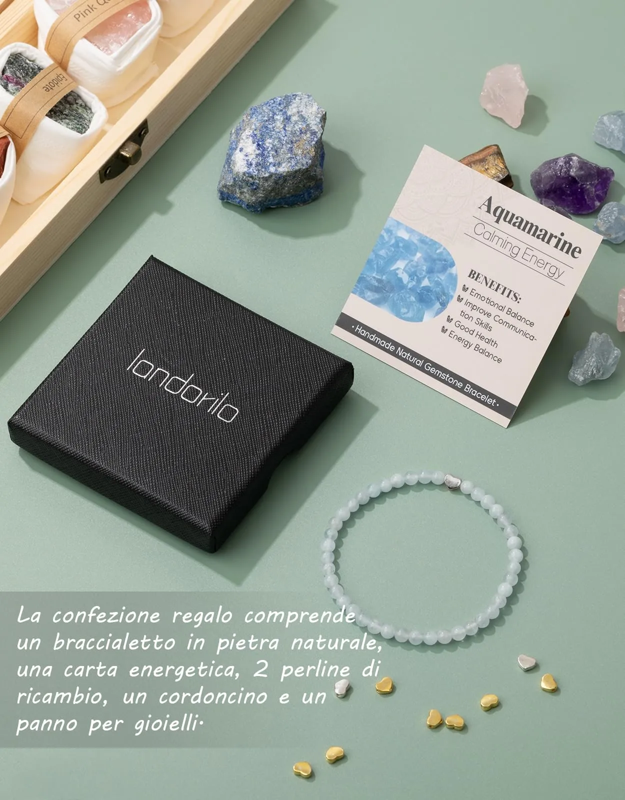 Landorilo Bracciale Donna, Pietra Naturale 4mm, Acquamarina A - immagine 6