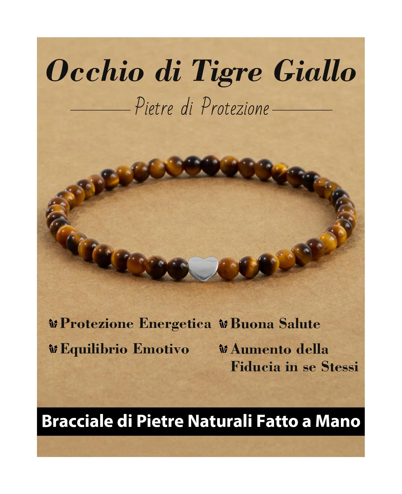 Landorilo Bracciale Donna, Pietra Naturale 4mm, Occhio di Tigre Giallo A - immagine 1