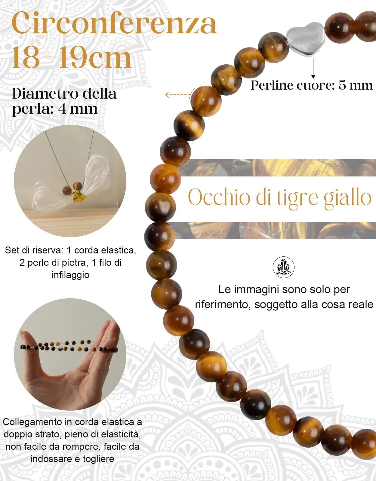Landorilo Bracciale Donna, Pietra Naturale 4mm, Occhio di Tigre Giallo A - immagine 4