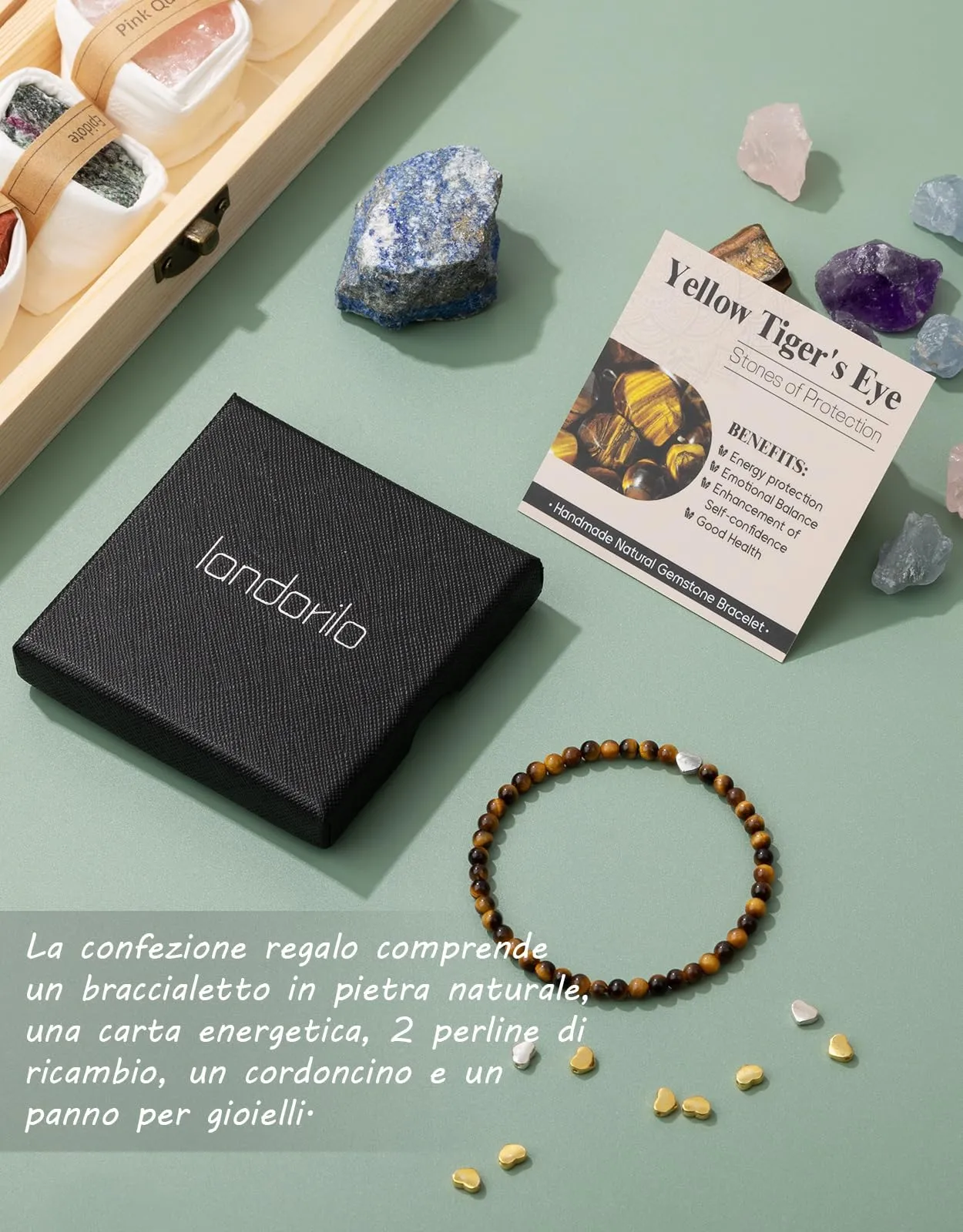 Landorilo Bracciale Donna, Pietra Naturale 4mm, Occhio di Tigre Giallo A - immagine 6