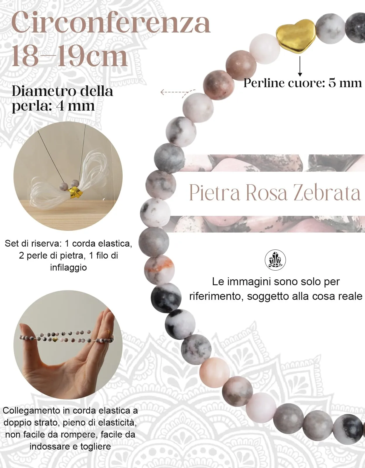 Landorilo Bracciale Donna, Pietra Naturale 4mm, Pietra Rosa Zebrata O - immagine 4