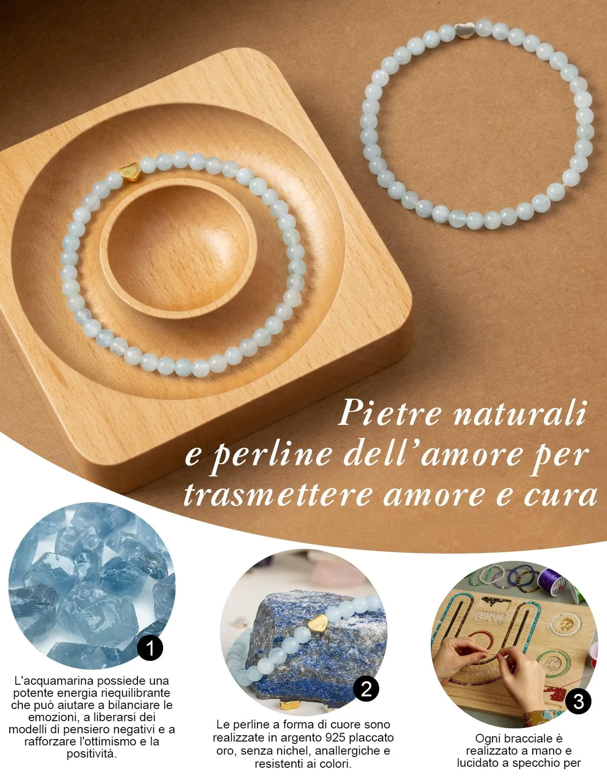 Landorilo Bracciale Donna, Pietra Naturale 4mm, Acquamarina O - immagine 3