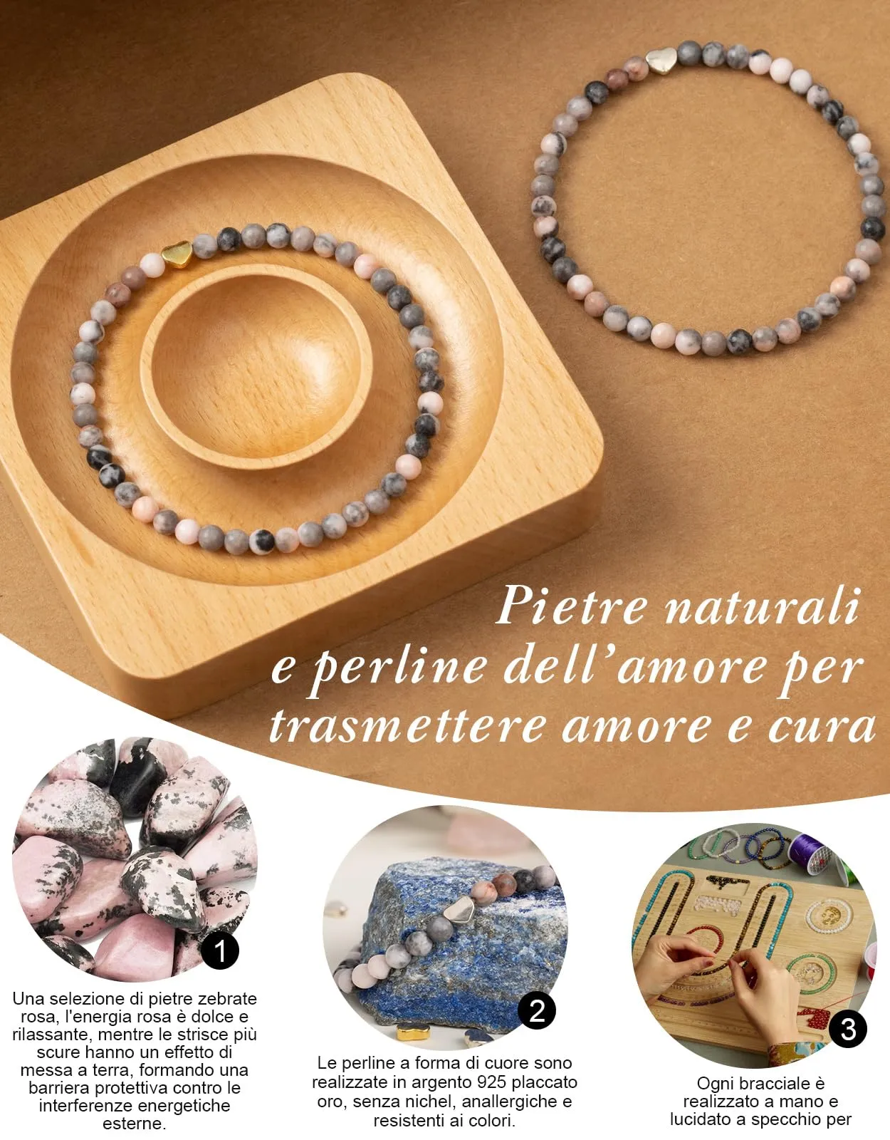 Landorilo Bracciale Donna, Pietra Naturale 4mm, Pietra Rosa Zebrata A - immagine 3