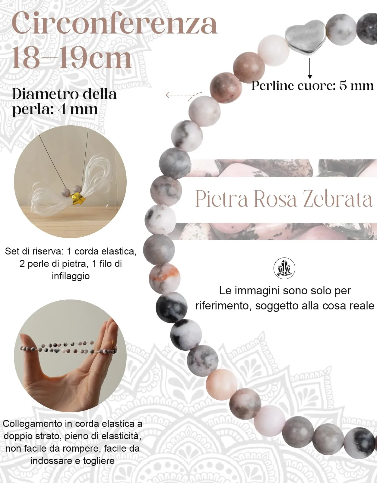 Landorilo Bracciale Donna, Pietra Naturale 4mm, Pietra Rosa Zebrata A - immagine 4