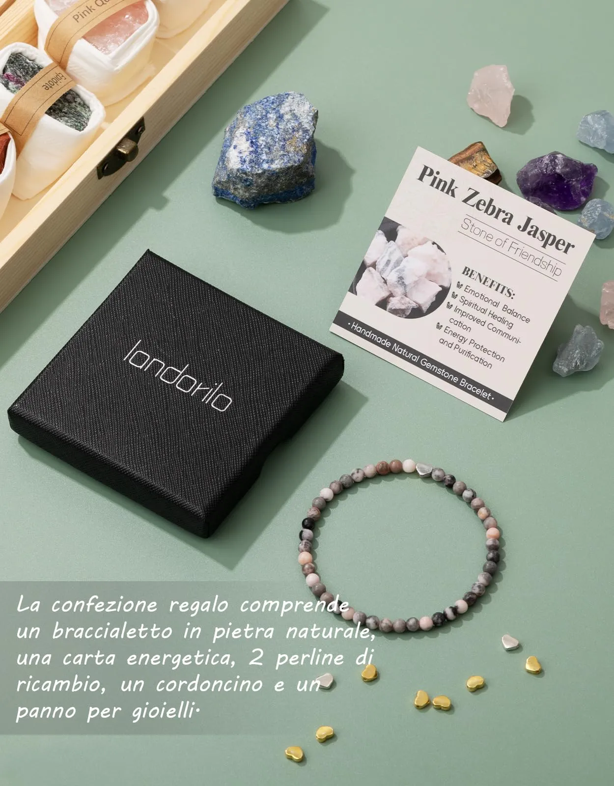 Landorilo Bracciale Donna, Pietra Naturale 4mm, Pietra Rosa Zebrata A - immagine 6