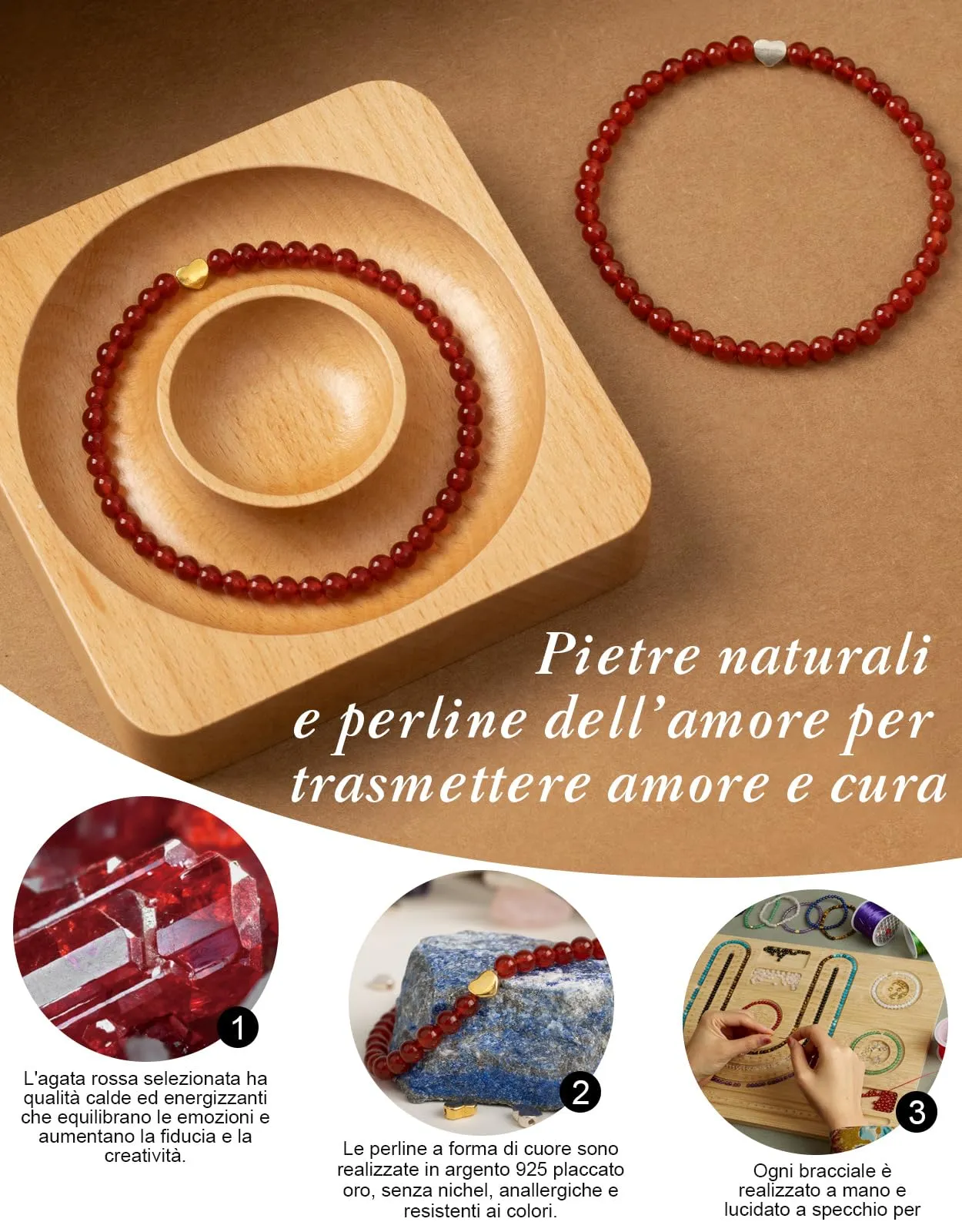 Landorilo Bracciale Donna, Pietra Naturale 4mm, Calcedonio Rosso O - immagine 3