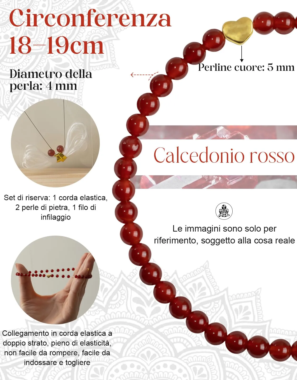 Landorilo Bracciale Donna, Pietra Naturale 4mm, Calcedonio Rosso O - immagine 4