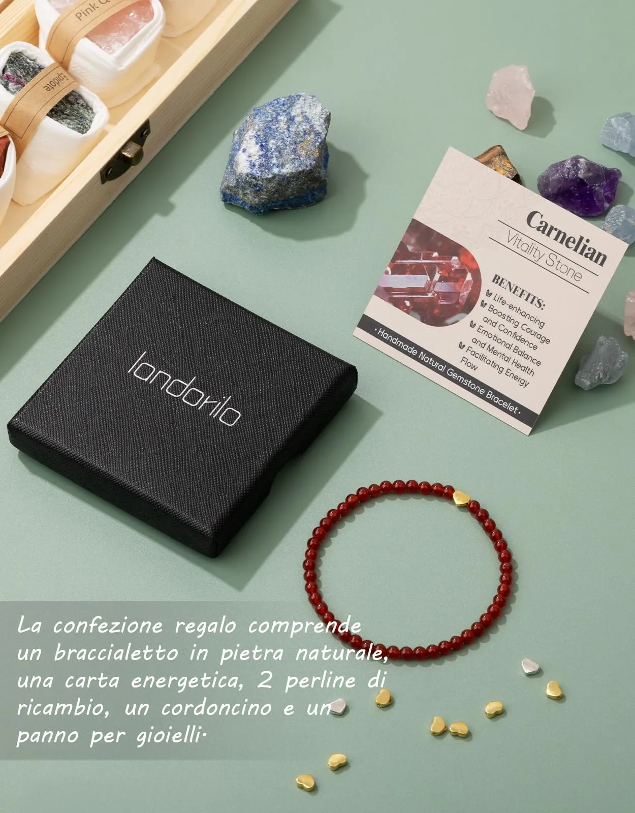 Landorilo Bracciale Donna, Pietra Naturale 4mm, Calcedonio Rosso O - immagine 6
