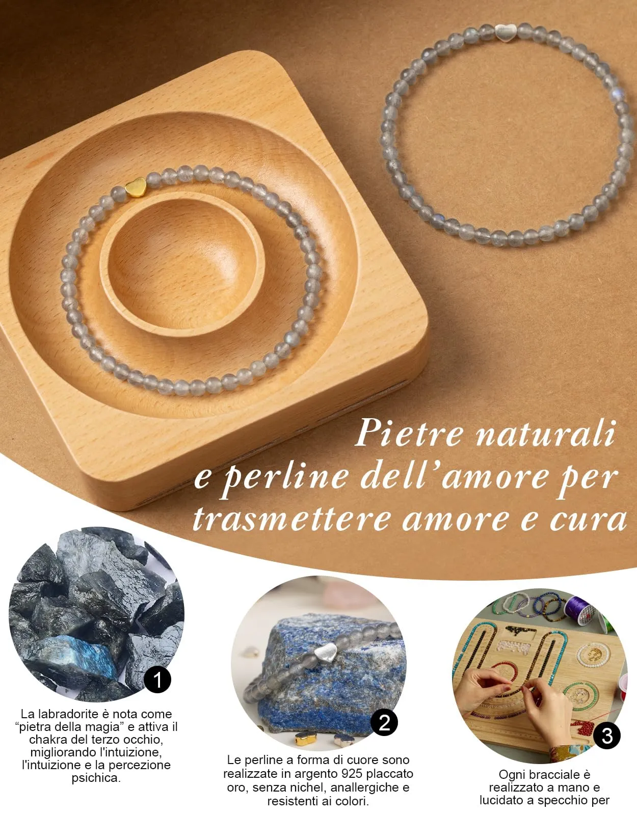 Landorilo Bracciale Donna, Pietra Naturale 4mm, Labradorite A - immagine 3