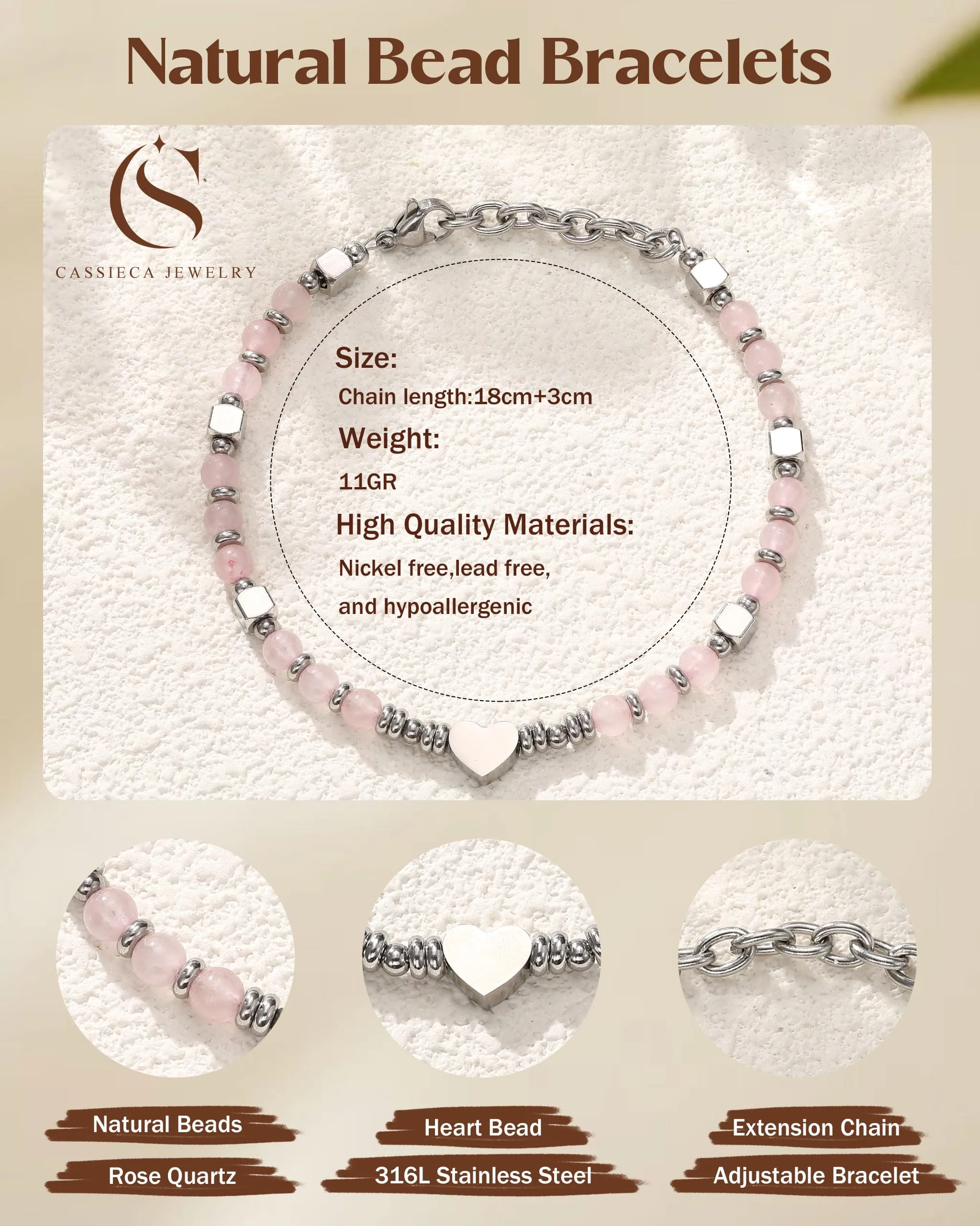 CASSIECA Bracciale Donna Braccialetti da Donna con Perline Ciondolo Cuore - immagine 2