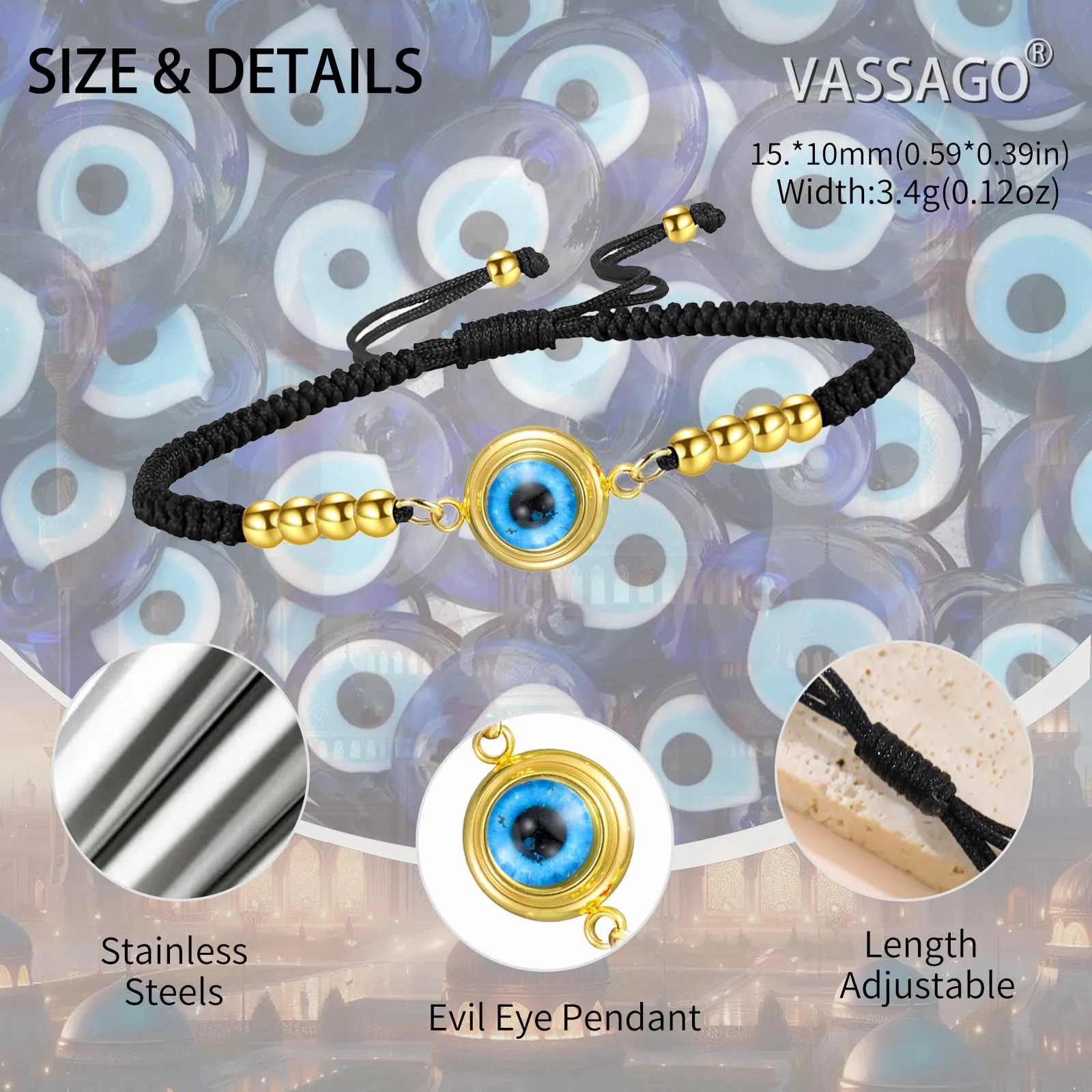 VASSAGO Delicato Braccialetto Malocchio Per Le Donne In Acciaio Inox Regolabile Occhio Turco Braccialetti Portafortuna Amuleto Gioielli Regalo (Corda G1) - immagine 4