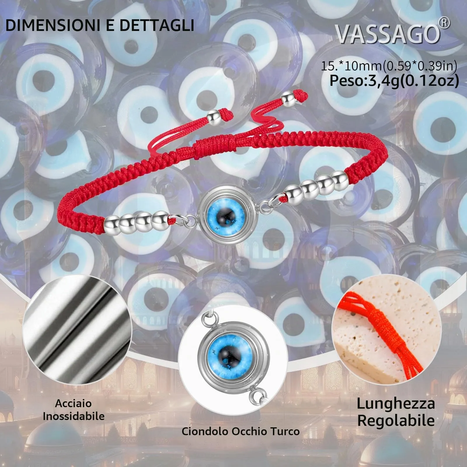 VASSAGO Delicato Braccialetto Malocchio Per Le Donne In Acciaio Inox Regolabile Occhio Turco Braccialetti Portafortuna Amuleto Gioielli Regalo (Stringa S2) - immagine 4