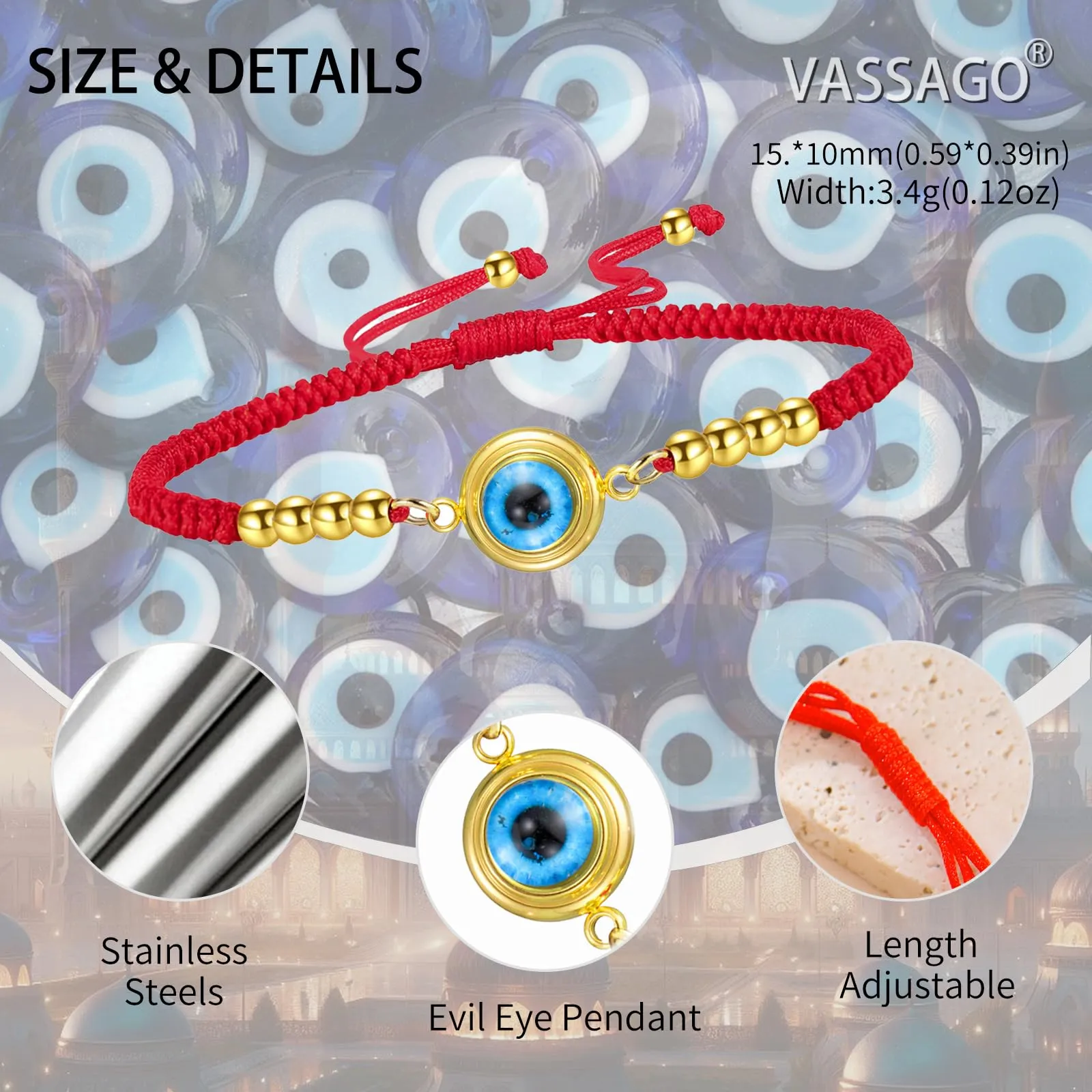 VASSAGO Delicato Braccialetto Malocchio Per Le Donne In Acciaio Inox Regolabile Occhio Turco Braccialetti Portafortuna Amuleto Gioielli Regalo (Corda G2) - immagine 4