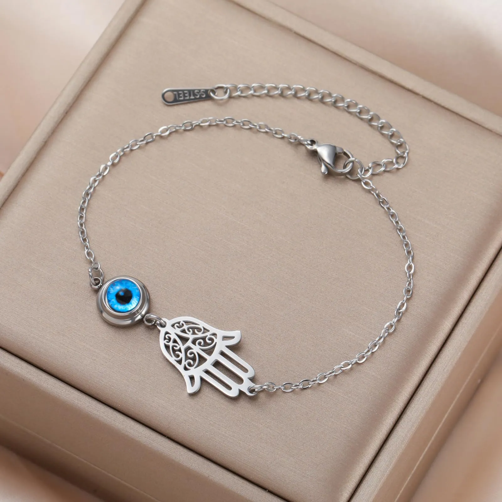 VASSAGO Delicato Braccialetto Malocchio Per Le Donne In Acciaio Inox Regolabile Occhio Turco Braccialetti Portafortuna Amuleto Gioielli Regalo (Argento 2) - immagine 3