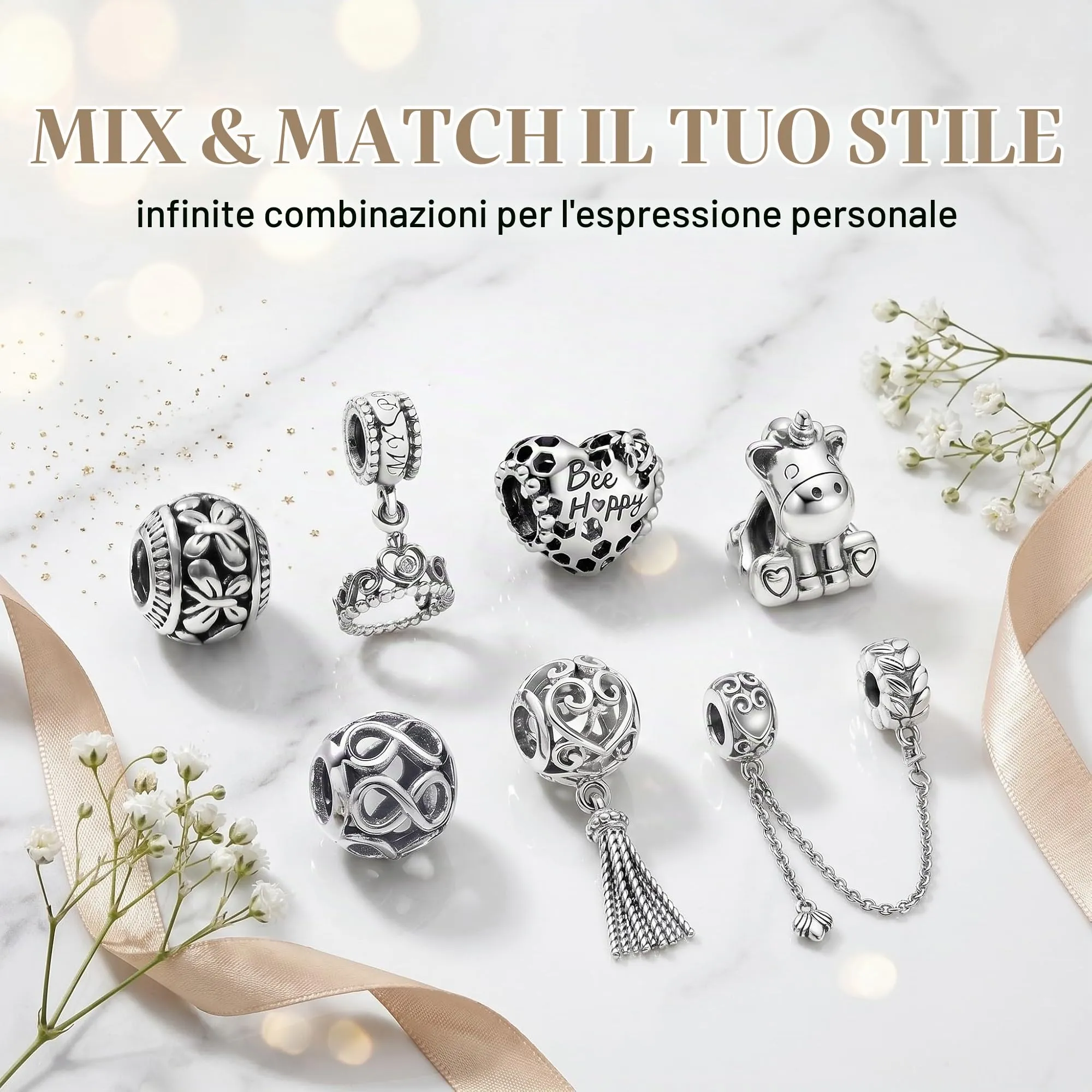 10 Pezzi Charms Ciondoli Argento per Bracciali e Collane, Set di Pendenti Misti per Creazione Gioielli Fai da Te, Perline Decorative Compatibili con Bracciali Europei, Regalo per Donna e Ragazza - immagine 7