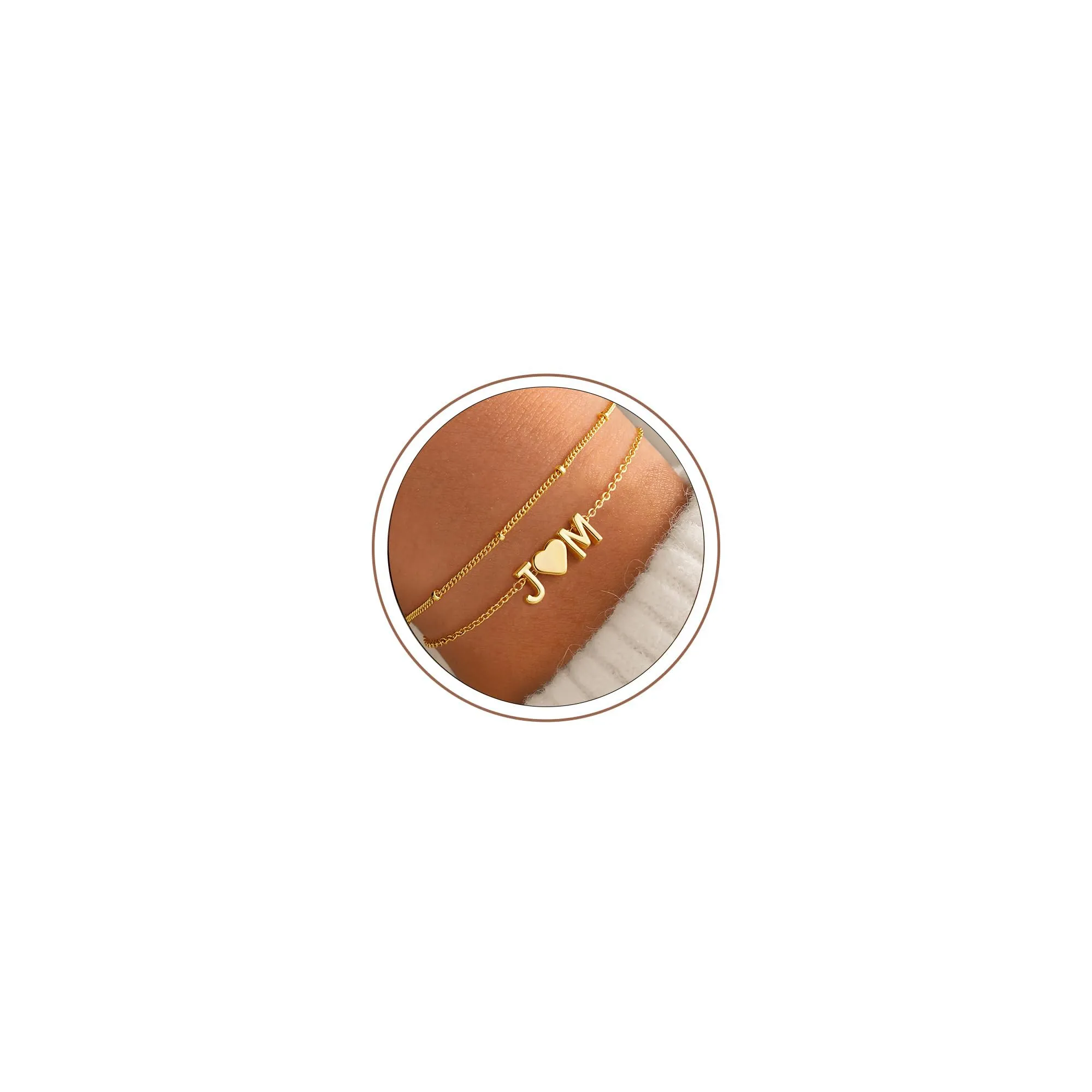 Turandoss Bracciale a forma di cuore con lettere da donna in oro, bracciale a forma di cuore con 2 lettere placcato in oro 14K, bracciali a forma di cuore da donna, regali per donne, adolescenti - immagine 1