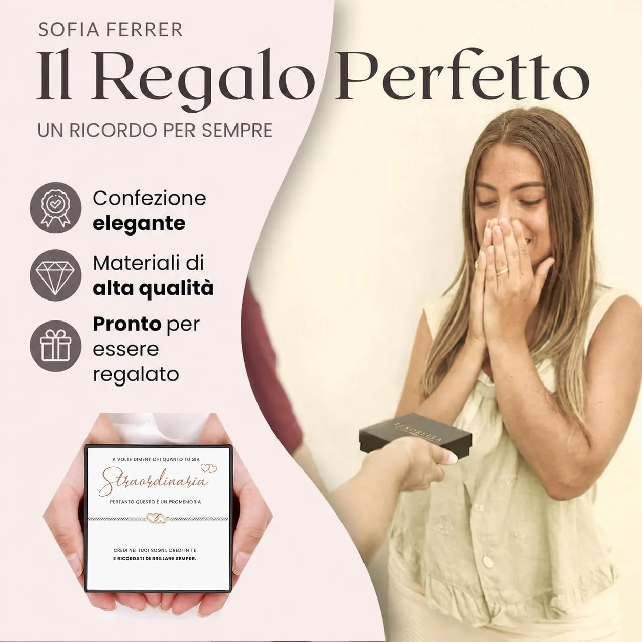 TESORELLA Regalo Donna Originale, Bracciale con Cuori Intrecciati e Dedica in Scatolina, Regali per Lei, Collega di Lavoro, Cugina, Figlioccia, Idee Regalo Compleanno Donna, Braccialetto Natale - immagine 2