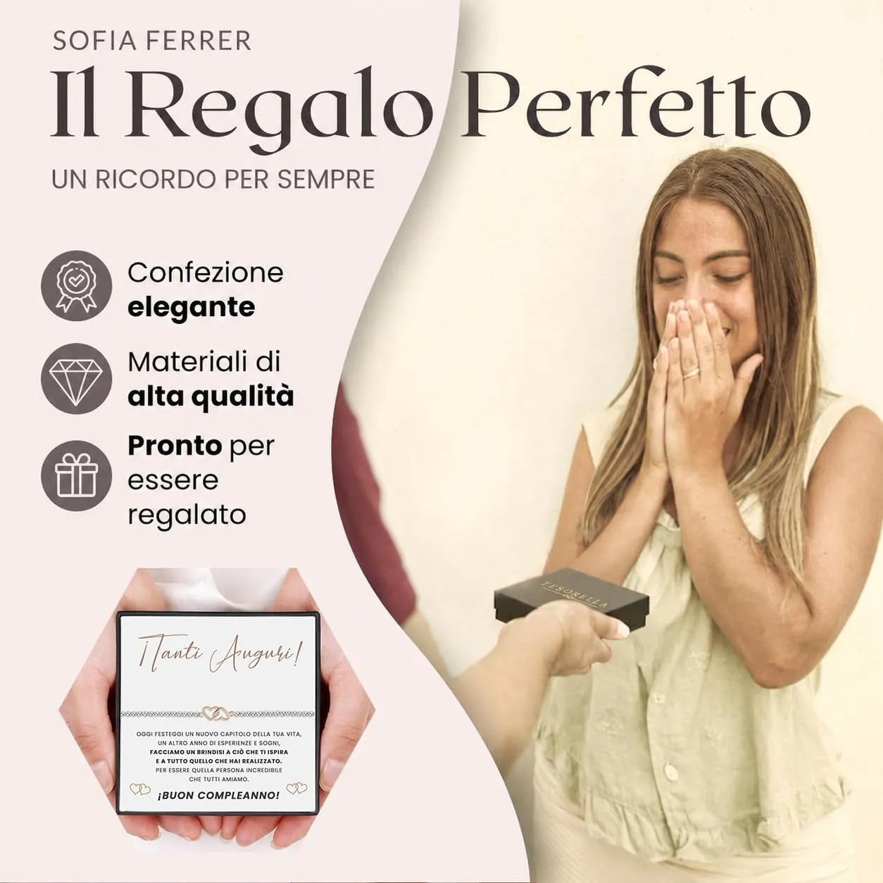 TESORELLA Regalo Donna Compleanno, Bracciale con Cuori Intrecciati e Biglietto di Buon Compleanno in Scatolina, Regali Originali per Lei, Braccialetto Amica, Sorella, Idee Regalo - immagine 2