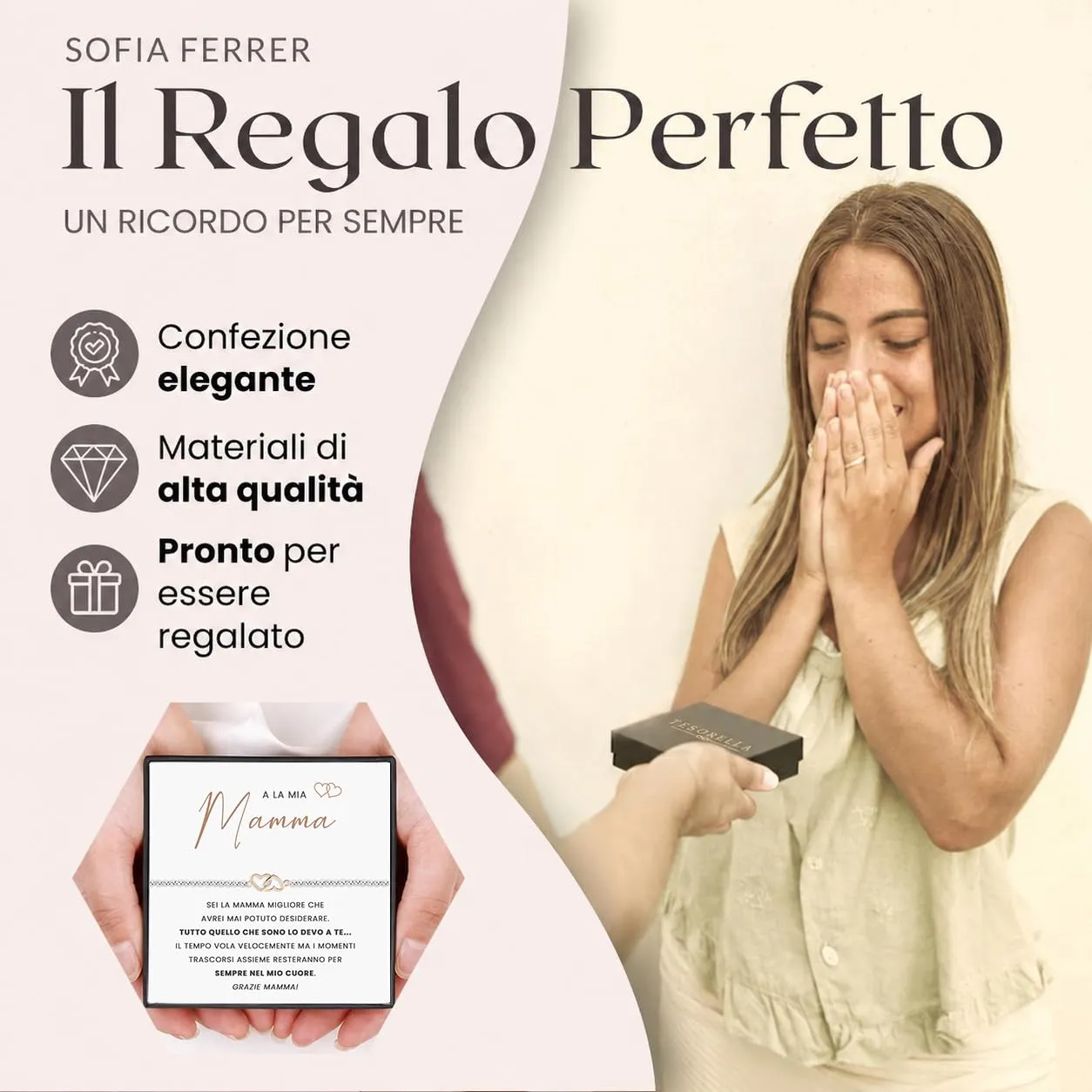 TESORELLA Regalo Mamma Compleanno, Bracciale Donna con Cuori Intrecciati e Dedica in Scatolina, Idee Regali Festa della Mamma, Braccialetto Originale per Lei dalla Figlia, Natale - immagine 2