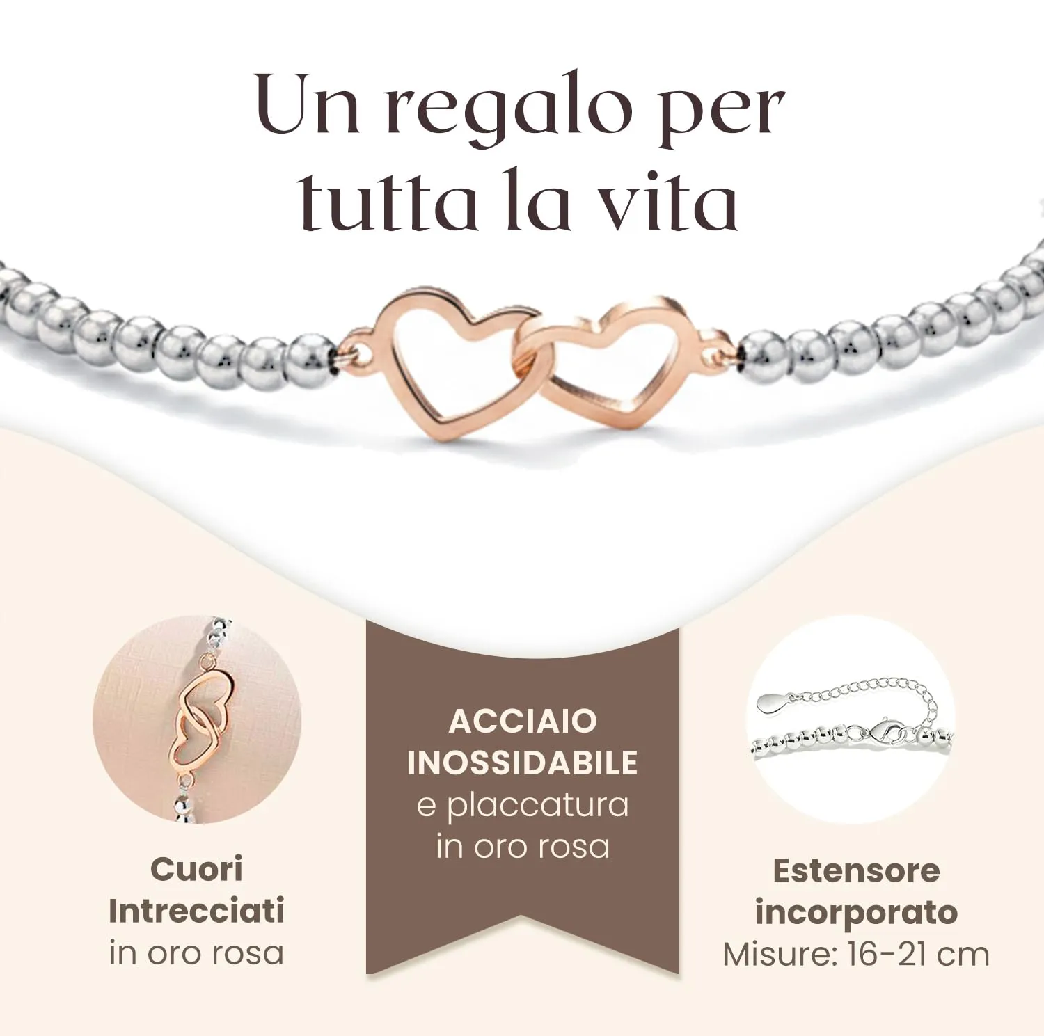 TESORELLA Regalo Mamma Compleanno, Bracciale Donna con Cuori Intrecciati e Dedica in Scatolina, Idee Regali Festa della Mamma, Braccialetto Originale per Lei dalla Figlia, Natale - immagine 3