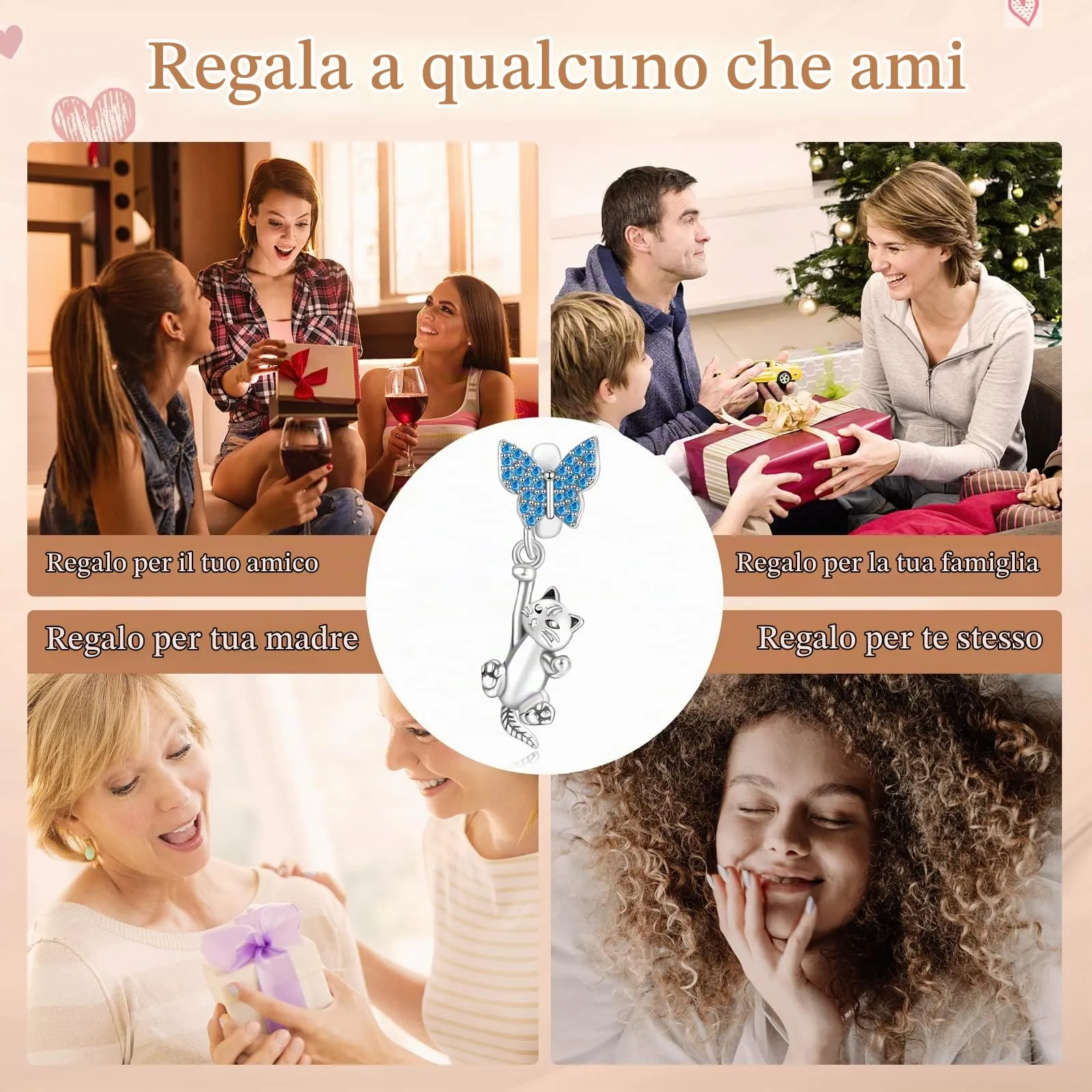 Annmors Jewelry Butterfly & Cat Dangle Charm Donna Argento Ciondolo a Forma di,in Argento Sterling 925,Compatibile con Braccialetti e Collane Europei - immagine 6
