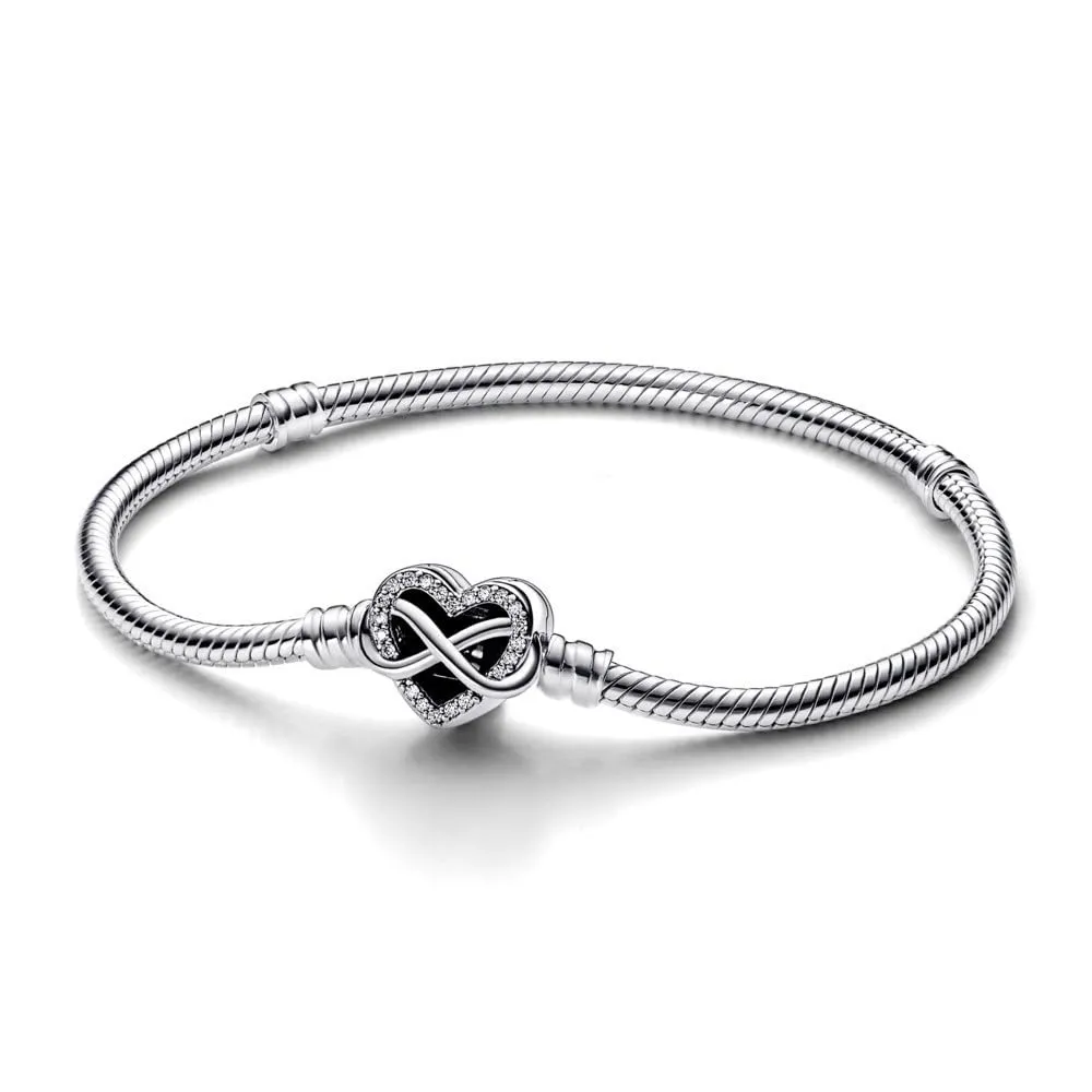 PANDORA Bracciale Moments in maglia snake in argento Sterling con chiusura a forma di cuore con simbolo dell'infinito con zirconi cubici trasparenti, 17 - immagine 2