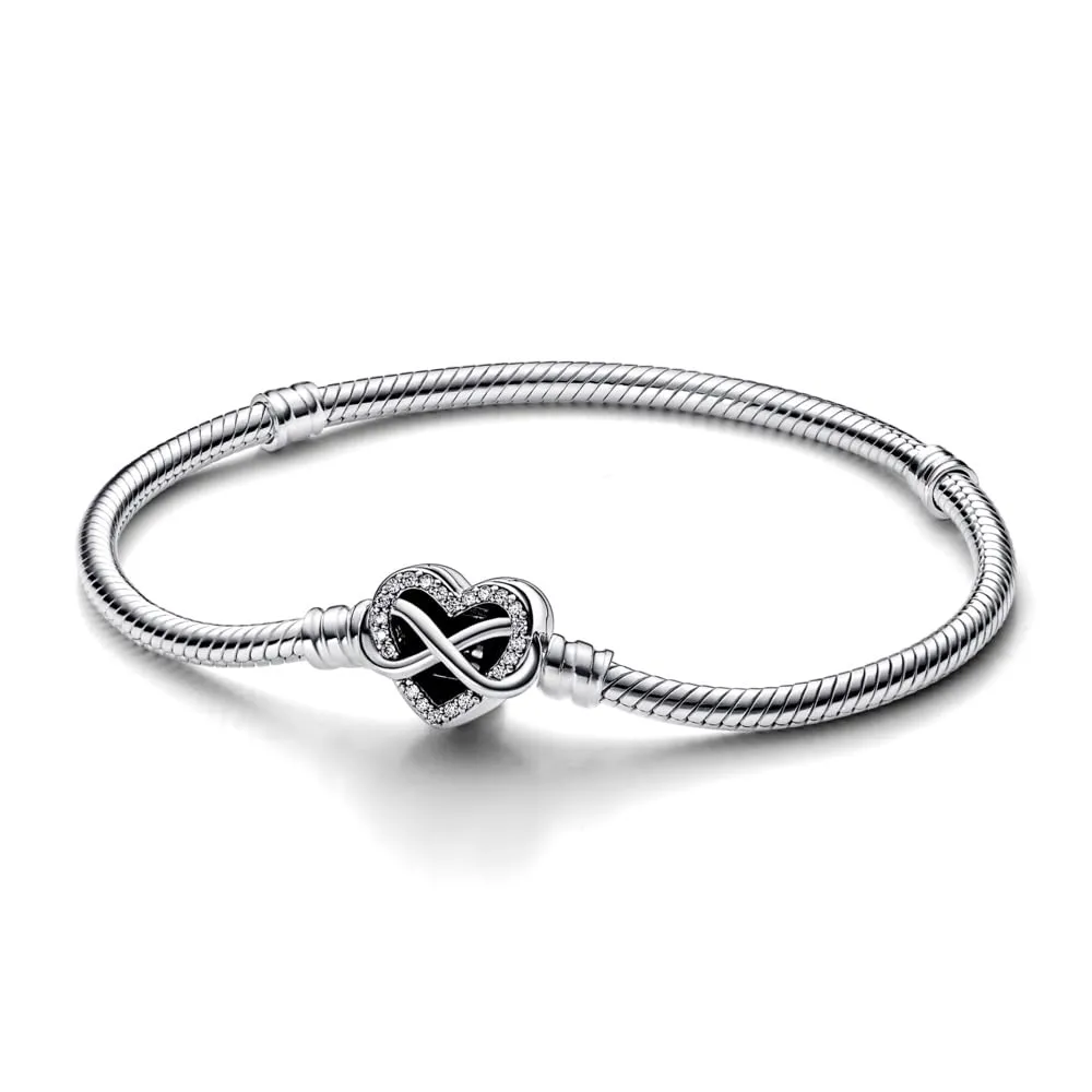 PANDORA Bracciale Moments in maglia snake in argento Sterling con chiusura a forma di cuore con simbolo dell'infinito con zirconi cubici trasparenti, 18 - immagine 2