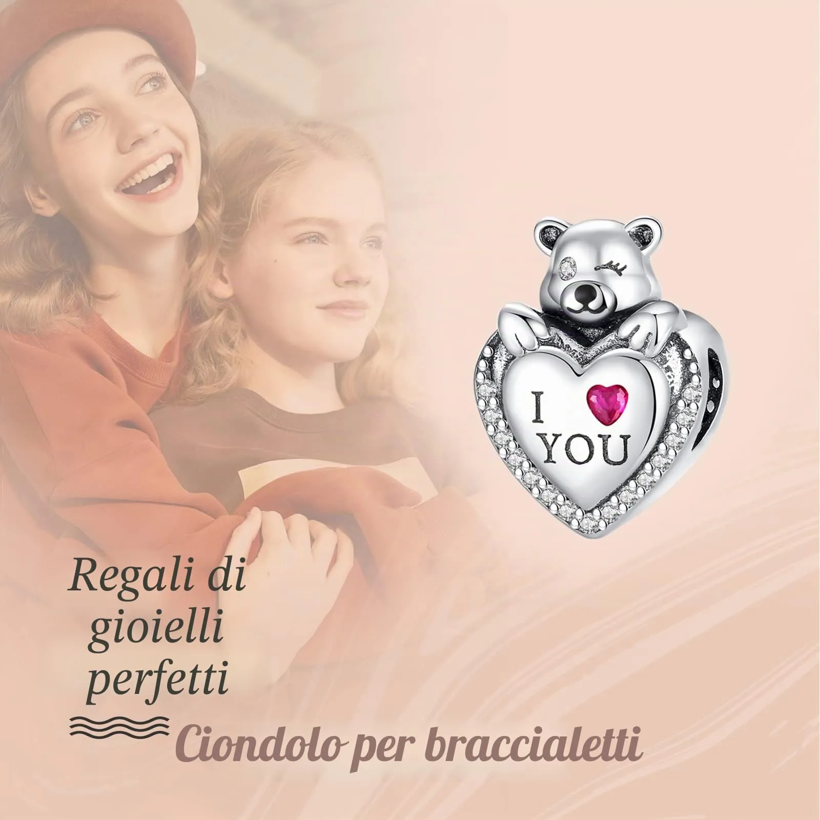 Annmors Ciondolo in Argento Sterling 925 Charm Bead Cute Bear I Love You con Zirconia Cubica,Compatibile con Bracciale e Collane Europei,per la festa della mamma,compleanno,regalo di Natale - immagine 3