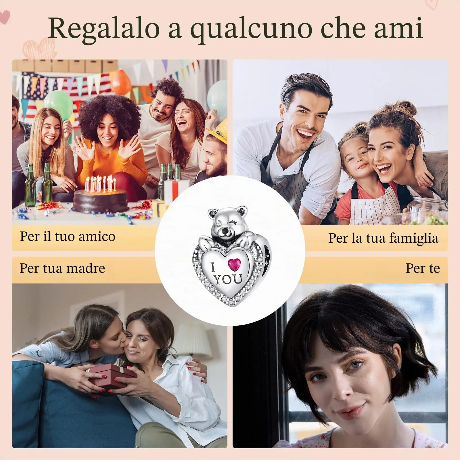 Annmors Ciondolo in Argento Sterling 925 Charm Bead Cute Bear I Love You con Zirconia Cubica,Compatibile con Bracciale e Collane Europei,per la festa della mamma,compleanno,regalo di Natale - immagine 6