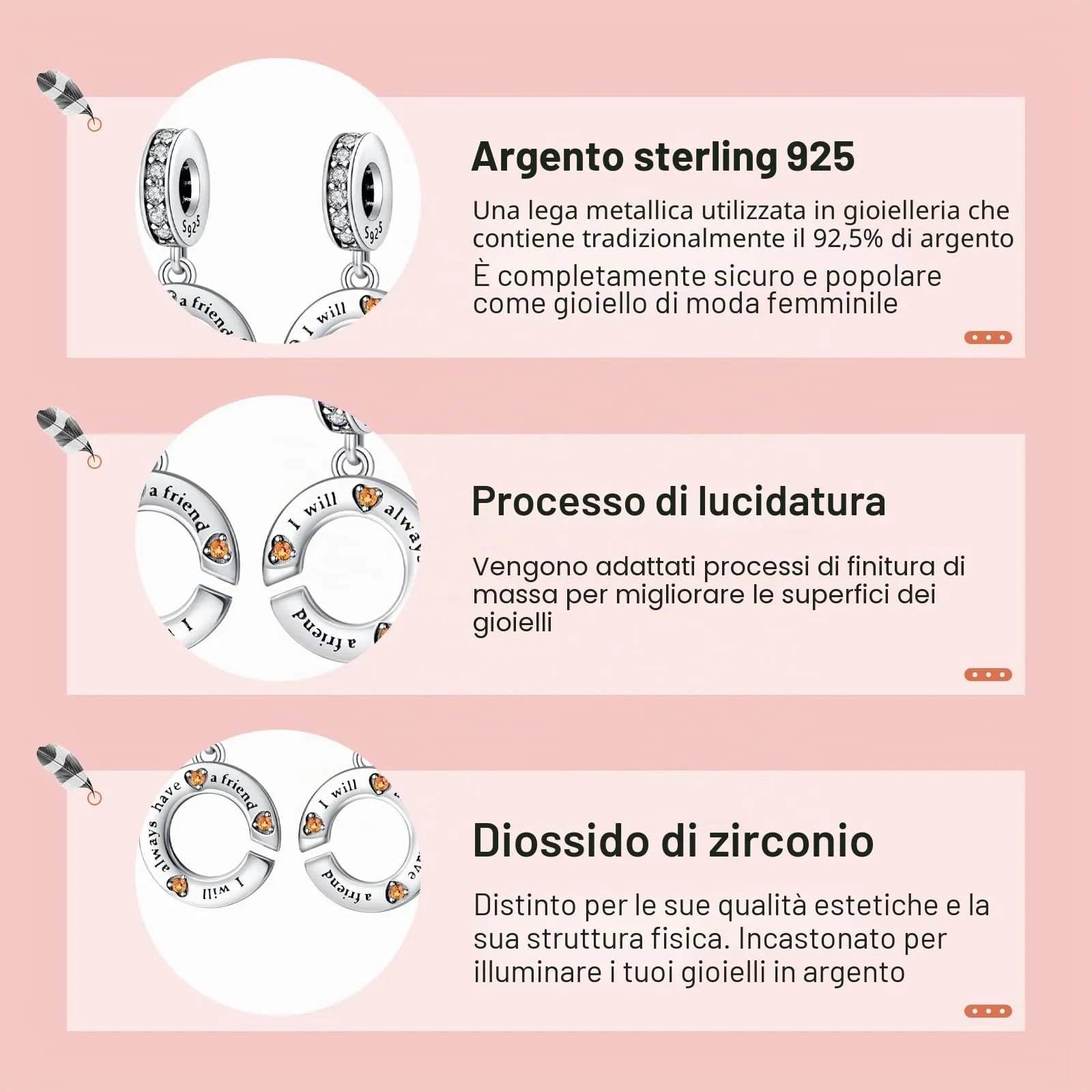 Annmors Ciondolo in Argento Sterling 925 Charm Bead Circle Best Friends con Zirconia Cubica,Compatibile con Bracciale e Collane Europei,per la festa della mamma,compleanno,regalo di Natale - immagine 4