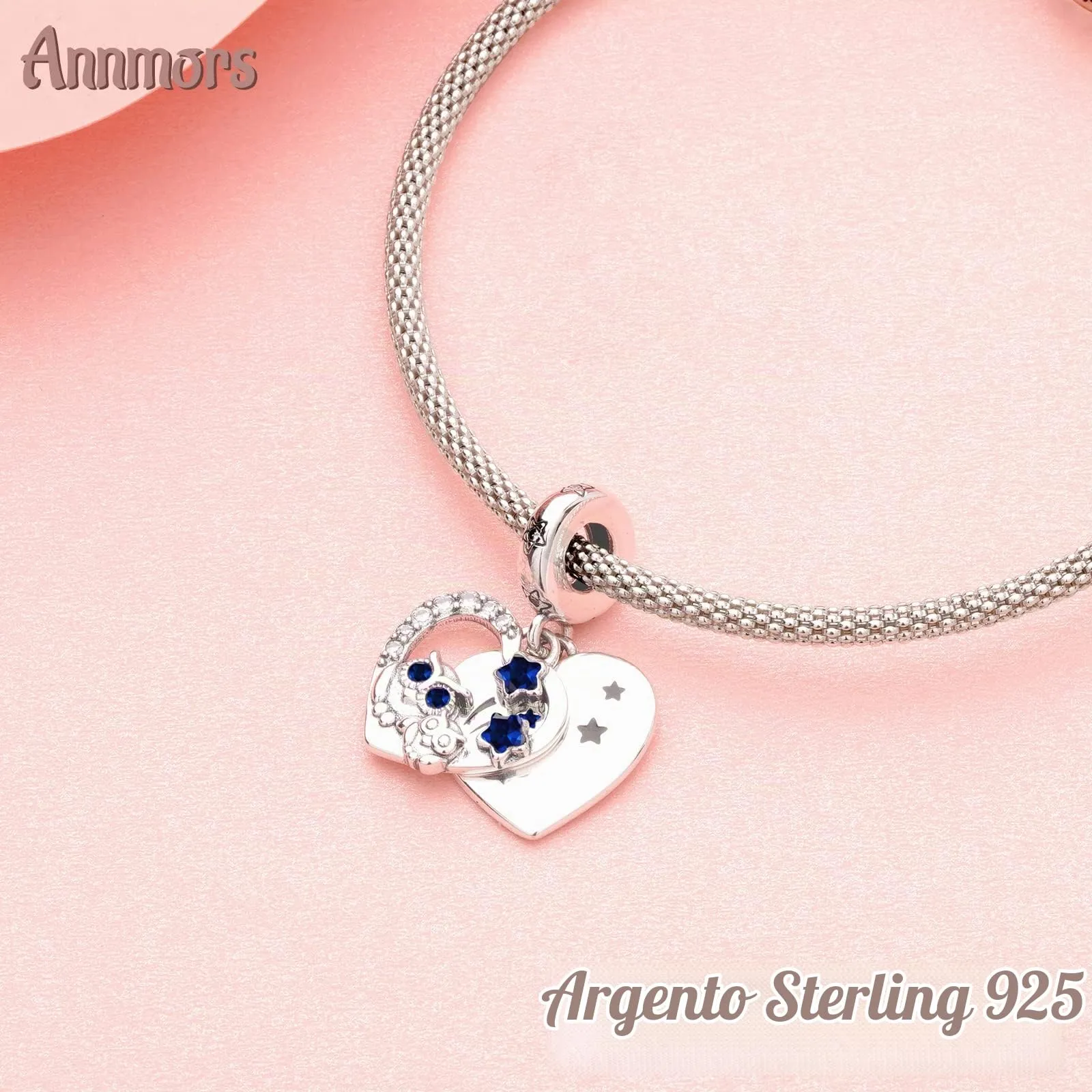 Annmors Ciondolo in Argento Sterling 925 Charm Bead Mother Owl Love Star con Zirconia Cubica,Compatibile con Bracciale e Collane Europei,per la festa della mamma,compleanno,regalo di Natale - immagine 2
