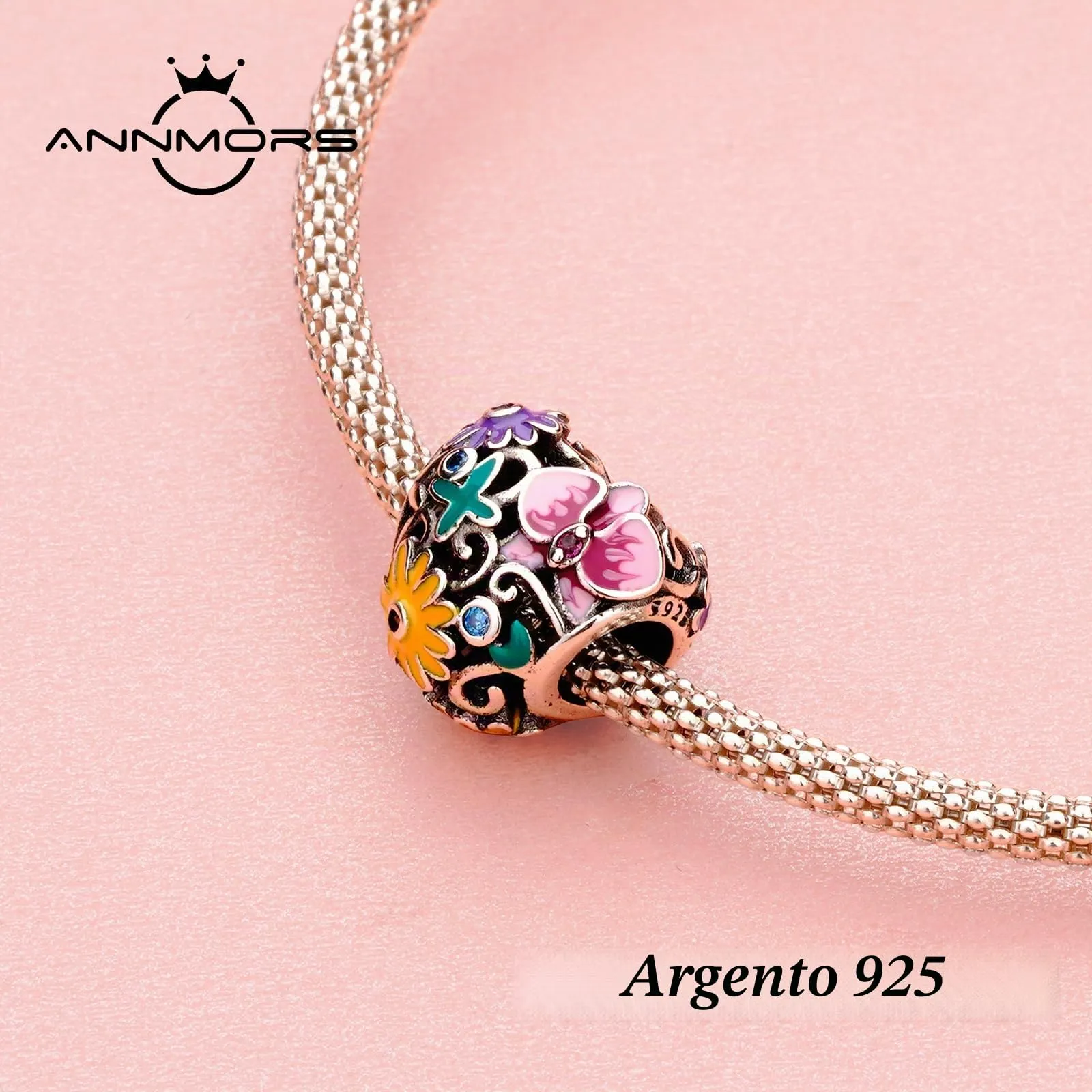 Annmors Ciondolo Argento Sterling 925 Charm Bead Compatibile Bracciale e Collane Europei Colorful Flower Charms Perline zirconi Natale,San Valentino,festa della mamma,regalo per donne e ragazze - immagine 2