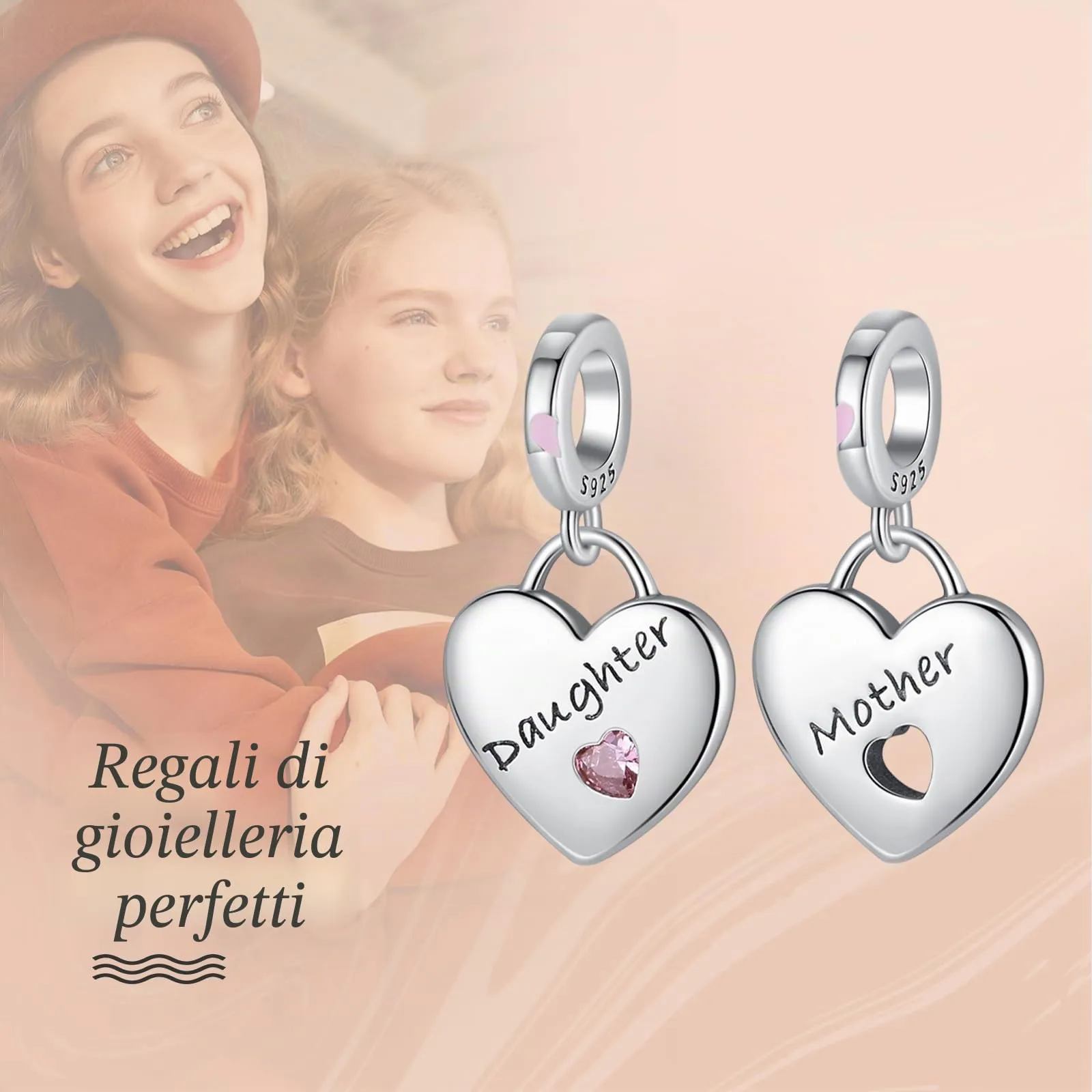 Annmors Ciondolo Argento Sterling 925 Charm Bead Compatibile Bracciale Collane Love Mother Daughter Perline zirconi 5A Natale,San Valentino,festa della mamma,ciondoli regalo per donne e ragazze - immagine 3