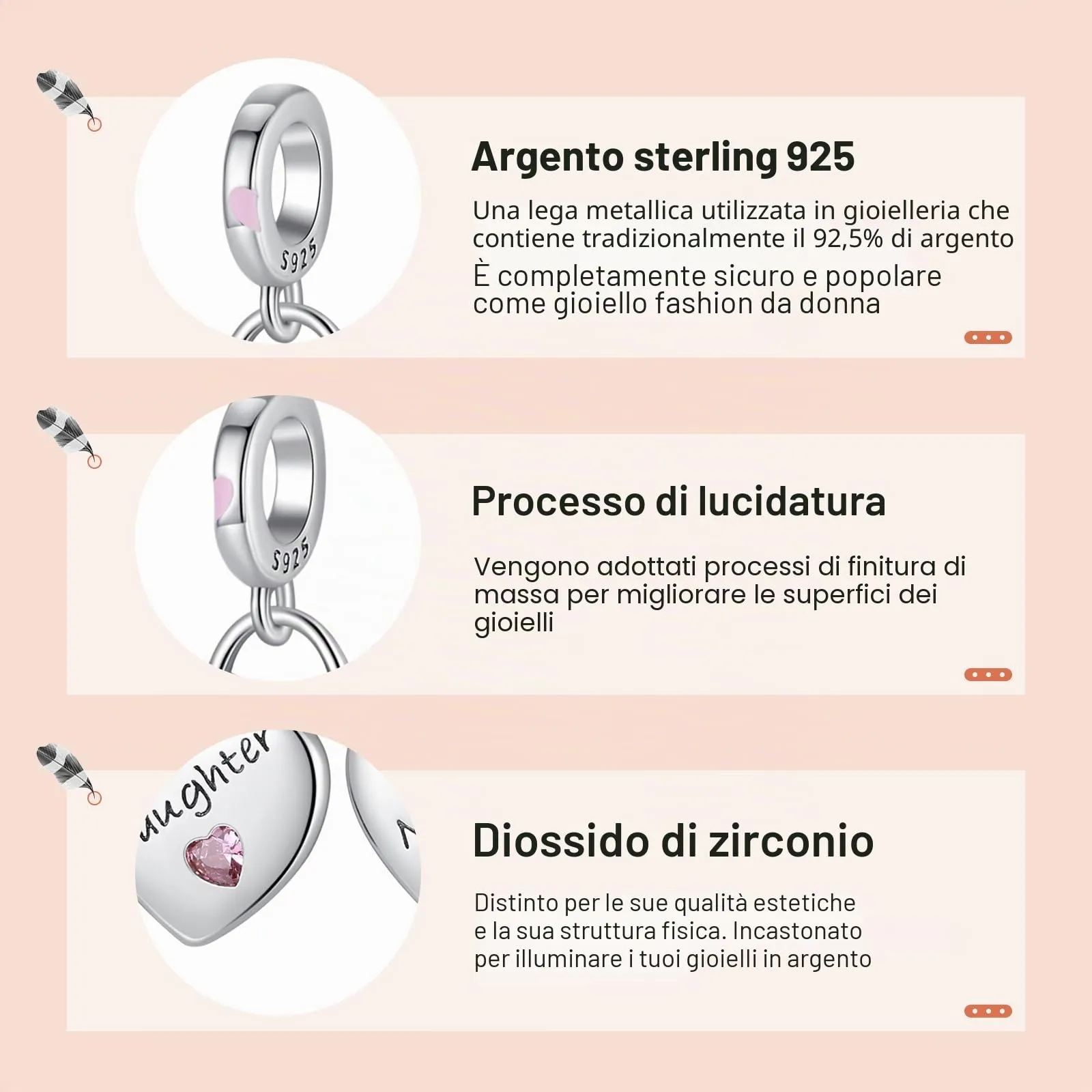 Annmors Ciondolo Argento Sterling 925 Charm Bead Compatibile Bracciale Collane Love Mother Daughter Perline zirconi 5A Natale,San Valentino,festa della mamma,ciondoli regalo per donne e ragazze - immagine 4
