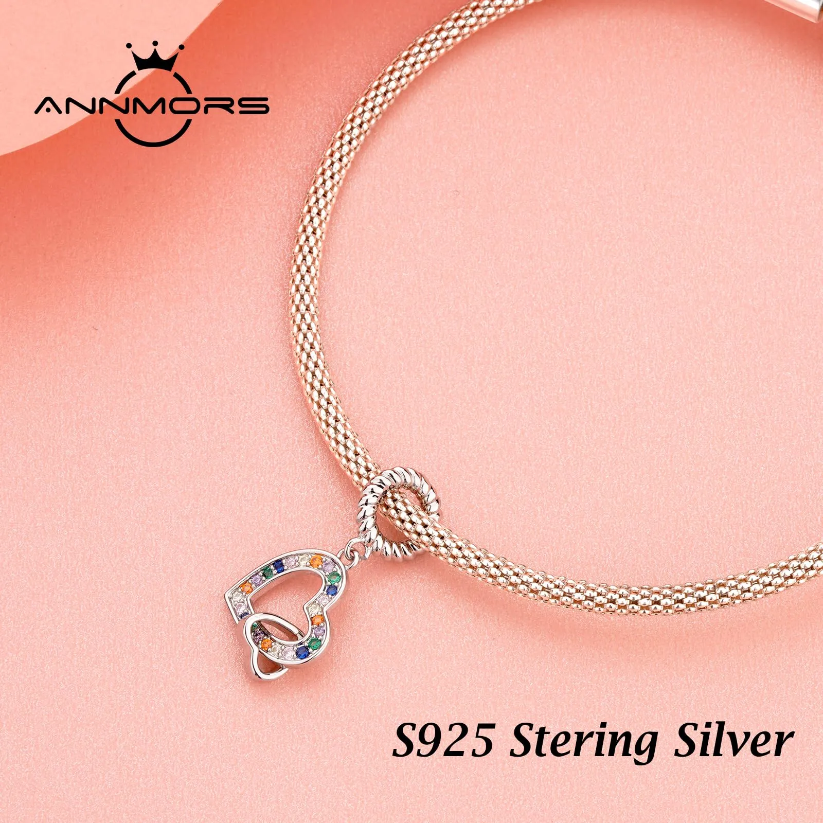 Annmors Ciondolo Argento Sterling 925 Charm Bead Compatibile Bracciale e Collane Europei Double Hearts Perline zirconi 5A Natale,San Valentino,festa della mamma,ciondoli regalo per donne e ragazze - immagine 2