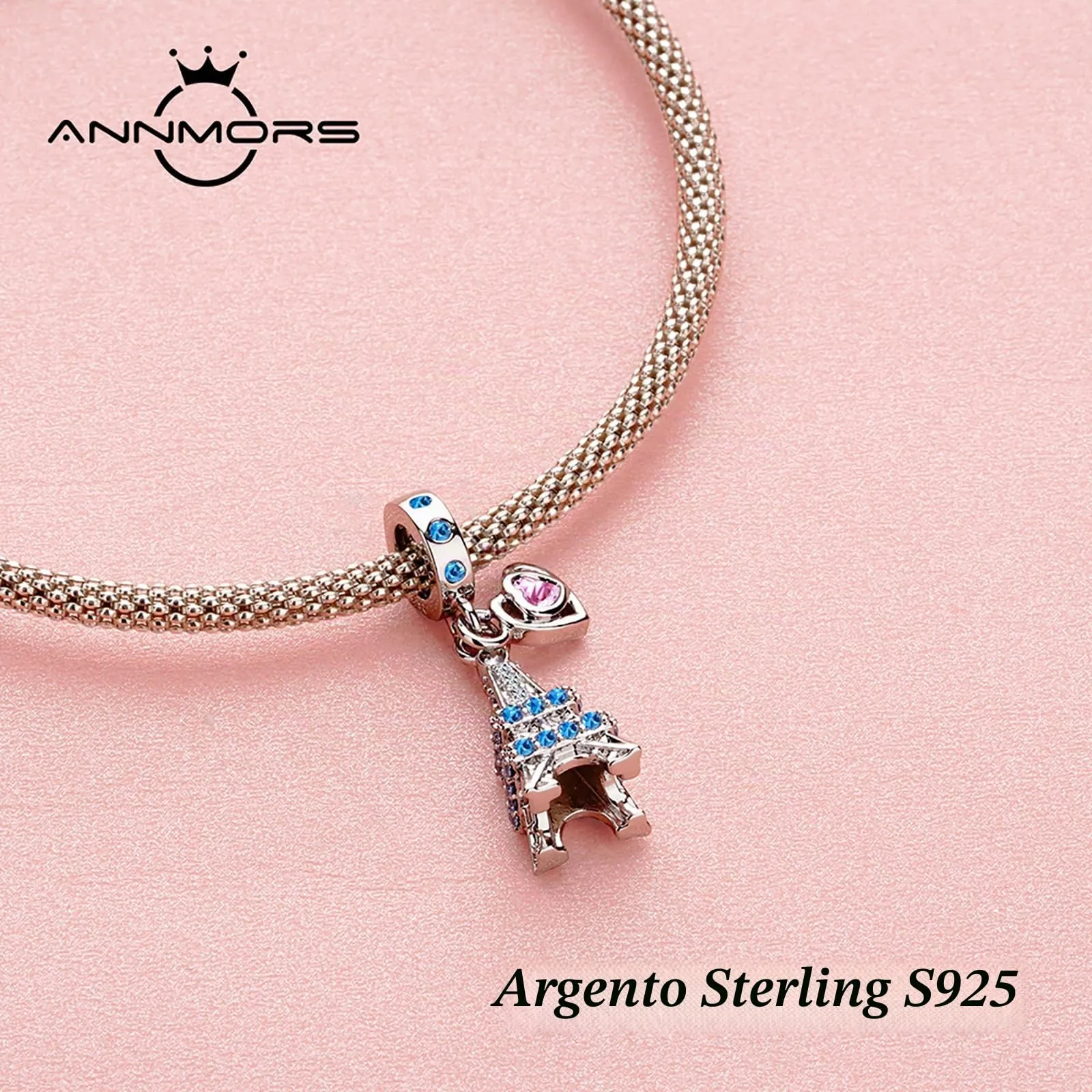 Annmors Ciondolo Argento Sterling 925 Charm Bead Compatibile Bracciale Collane Eiffel Tower Heart Perline zirconi 5A Natale,San Valentino,festa della mamma,ciondoli regalo per donne e ragazze - immagine 2