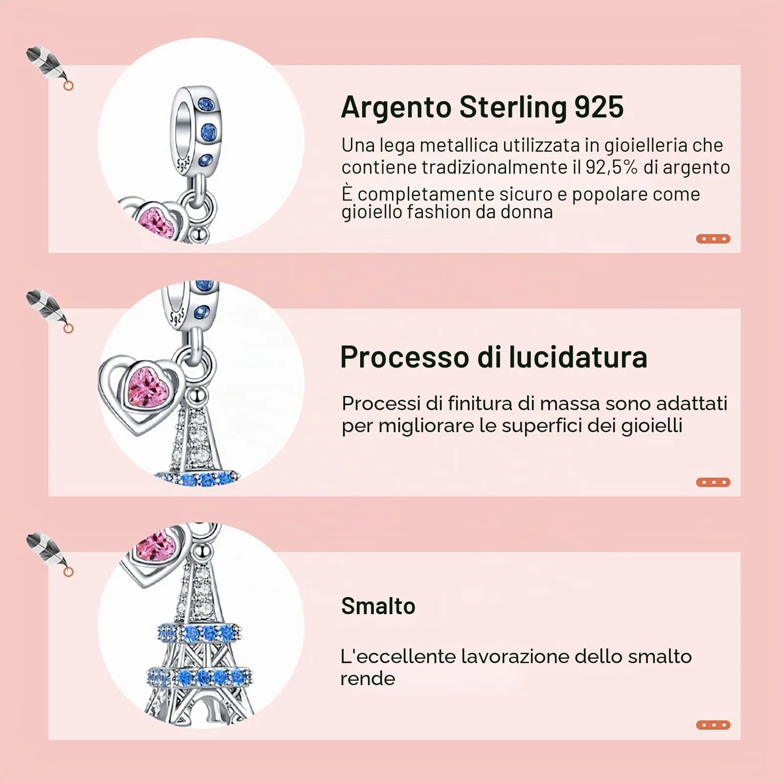 Annmors Ciondolo Argento Sterling 925 Charm Bead Compatibile Bracciale Collane Eiffel Tower Heart Perline zirconi 5A Natale,San Valentino,festa della mamma,ciondoli regalo per donne e ragazze - immagine 4