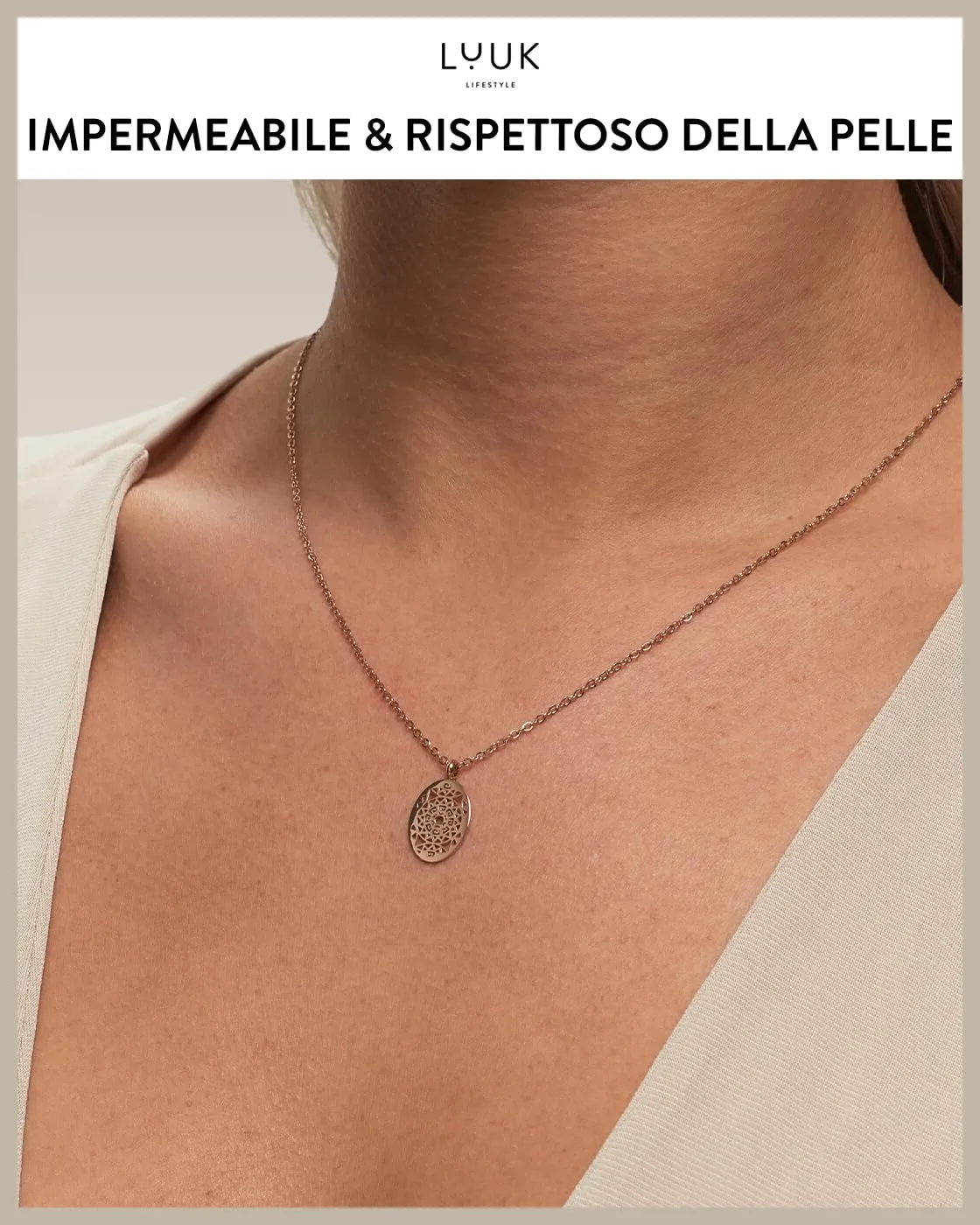 LUUK LIFESTYLE Collana da donna in acciaio inossidabile con dedica HAPPINESS, ciondolo a piastrina con forme geometriche, oro rosa - immagine 3