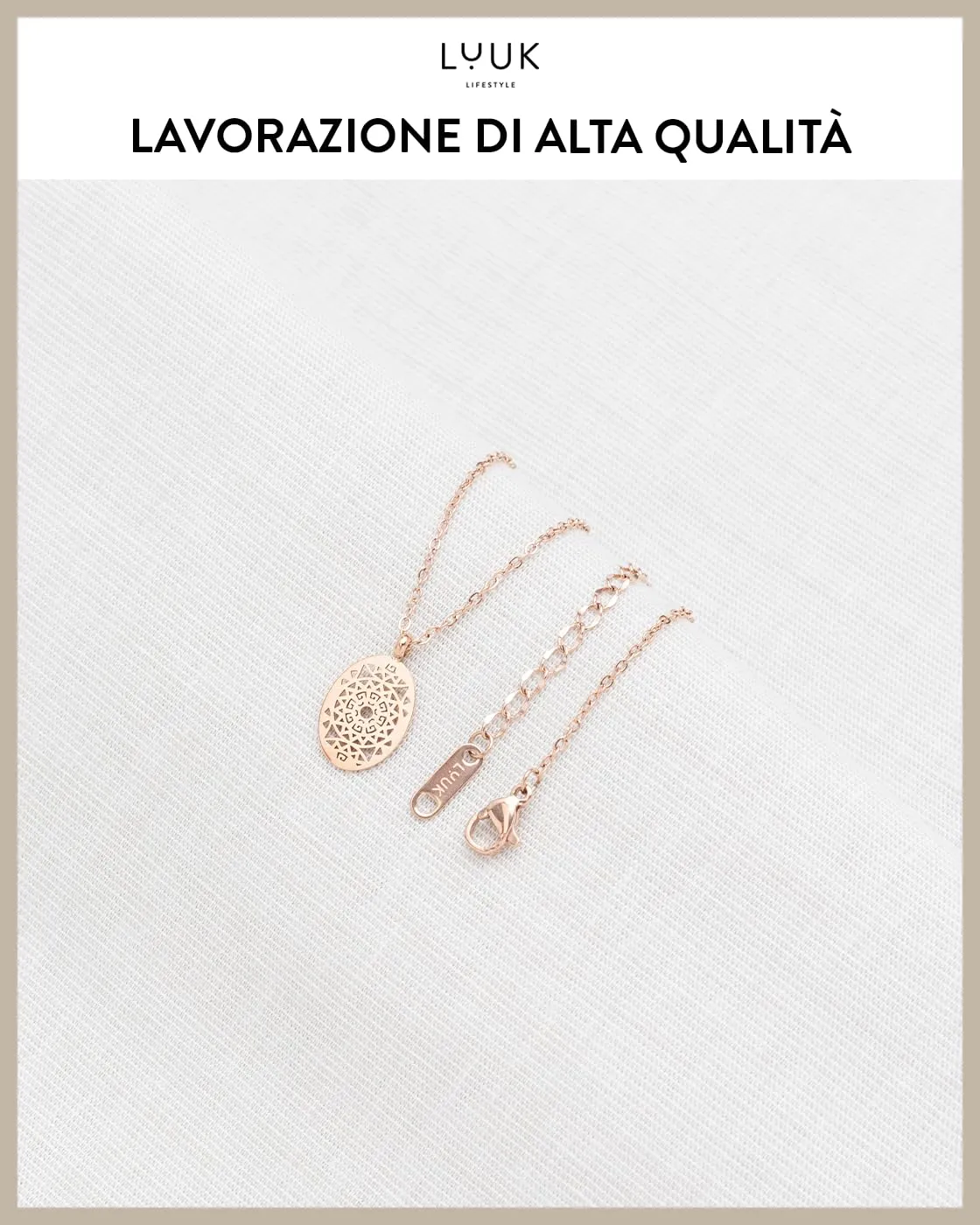LUUK LIFESTYLE Collana da donna in acciaio inossidabile con dedica HAPPINESS, ciondolo a piastrina con forme geometriche, oro rosa - immagine 4